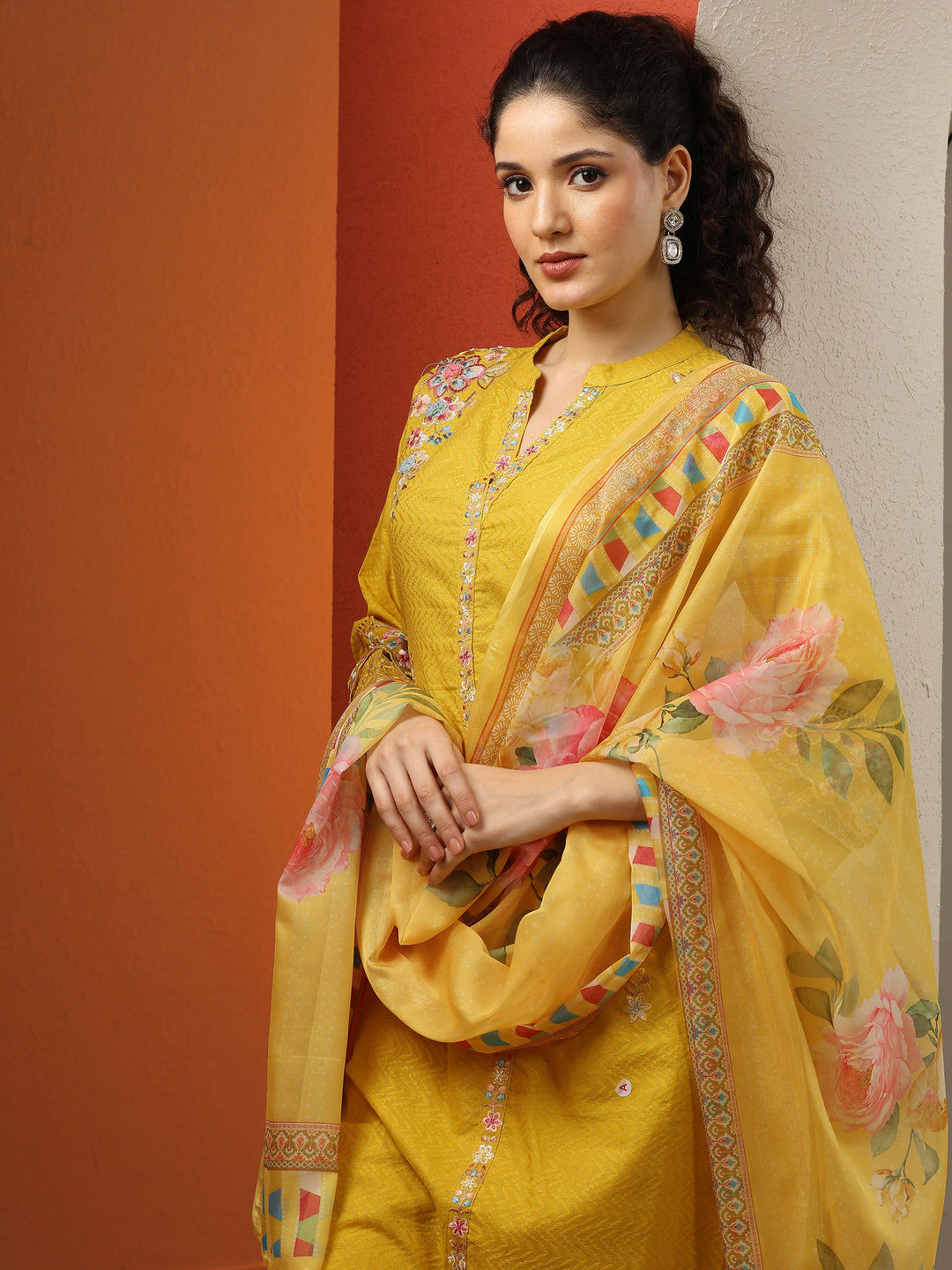  Yellow Embroidered Cotton Straight Suit Set With Dupatta 