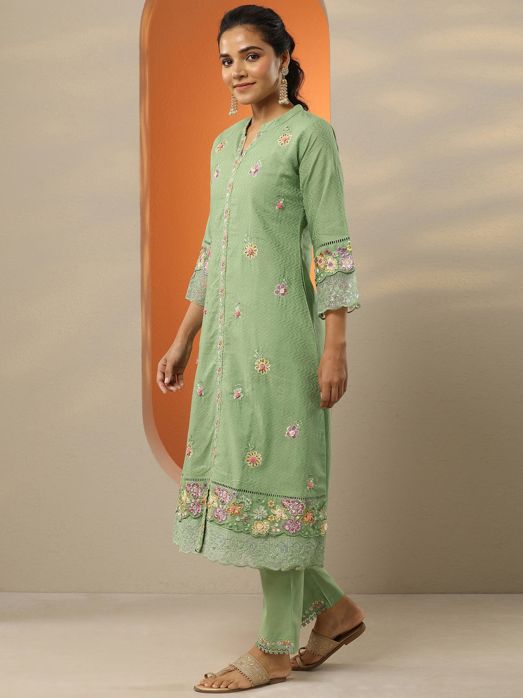  Green Embroidered Cotton Straight Suit Set With Dupatta 