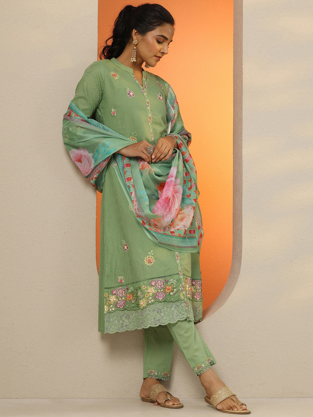  Green Embroidered Cotton Straight Suit Set With Dupatta 