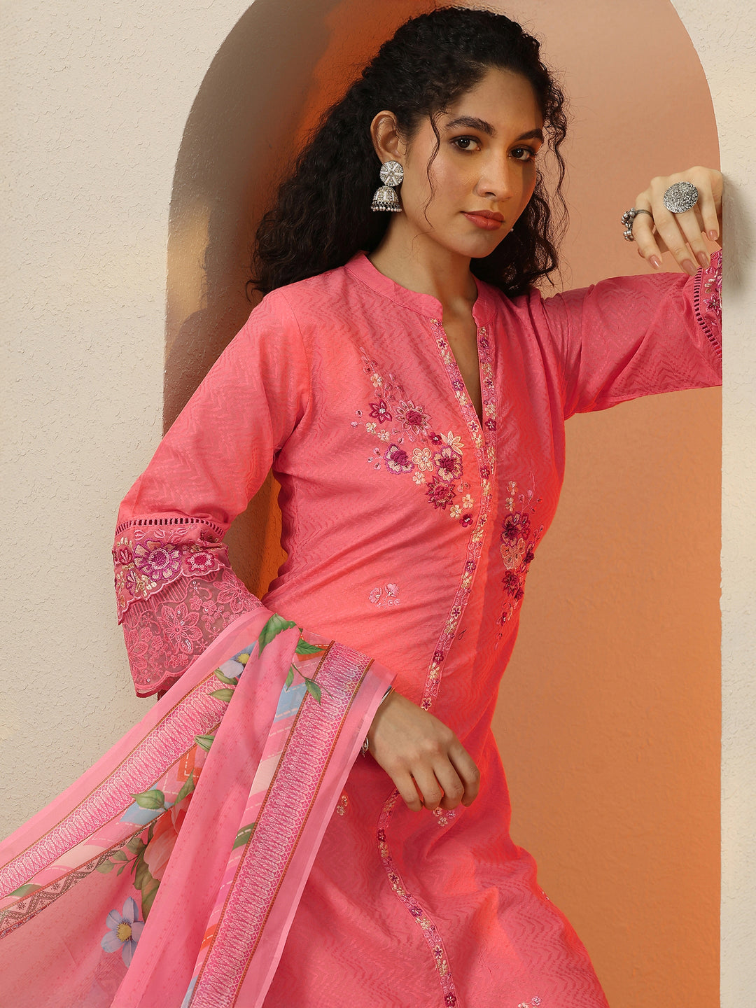  Coral Embroidered Cotton Blend  A-Line Suit Set With Dupatta 