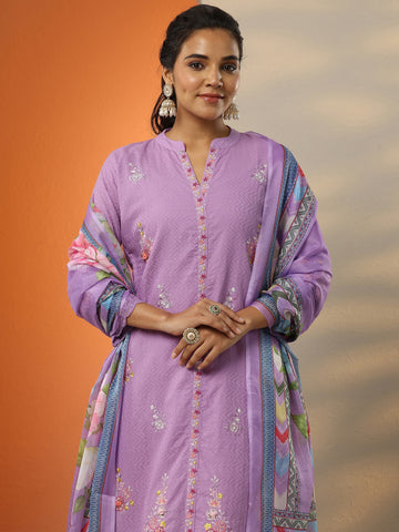 Lavender Embroidered Cotton Straight Suit Set With Dupatta