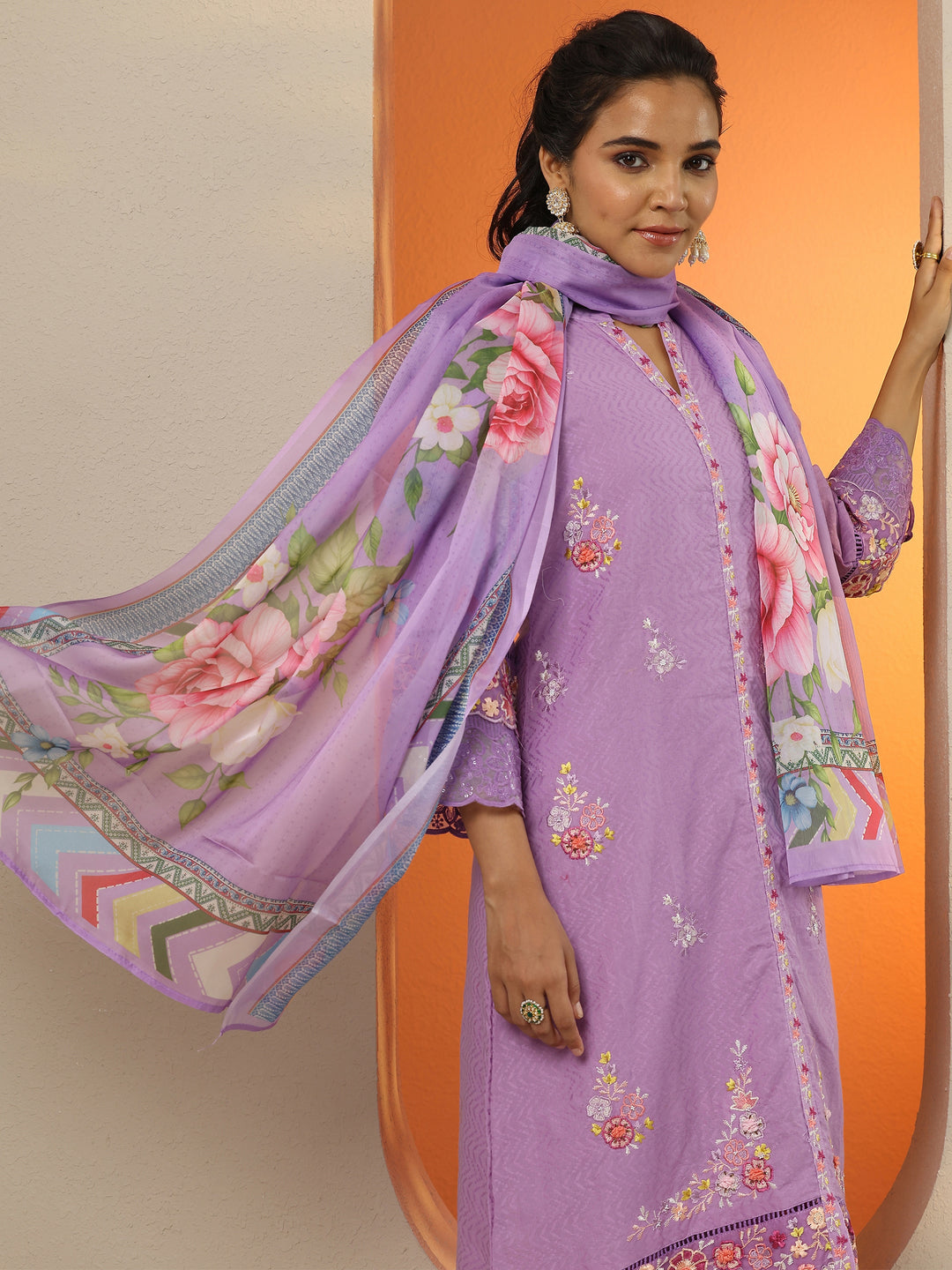  Lavender Embroidered Cotton Straight Suit Set With Dupatta 