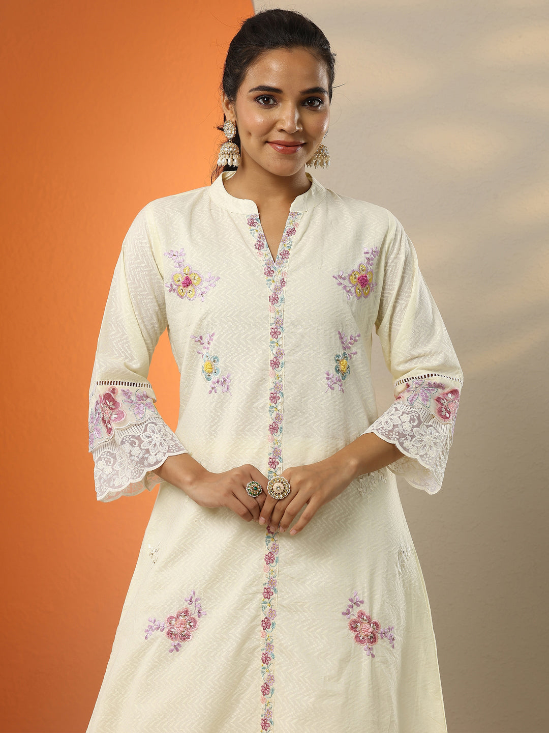  Off White Embroidered Cotton Straight Suit Set With Dupatta 