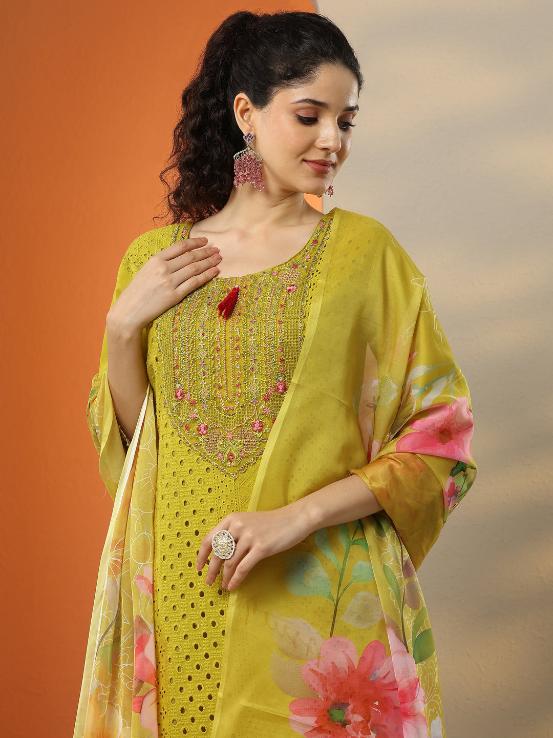 Lime Green Embroidered Cotton Straight Suit Set With Dupatta 