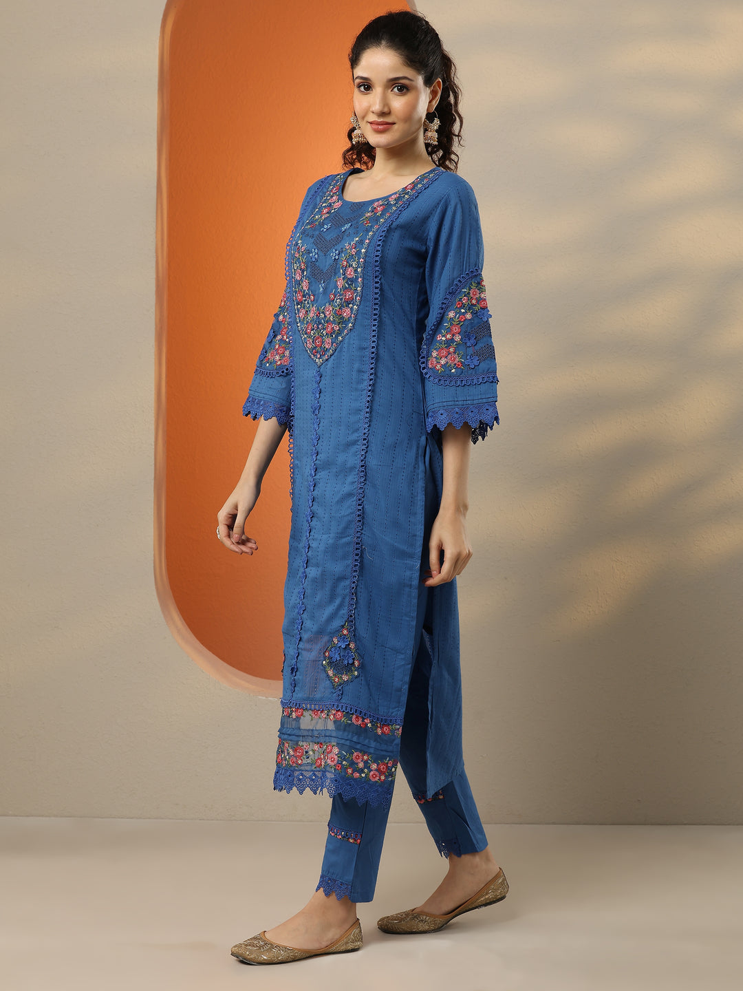  Blue Embroidered Cotton Straight Suit Set With Dupatta 