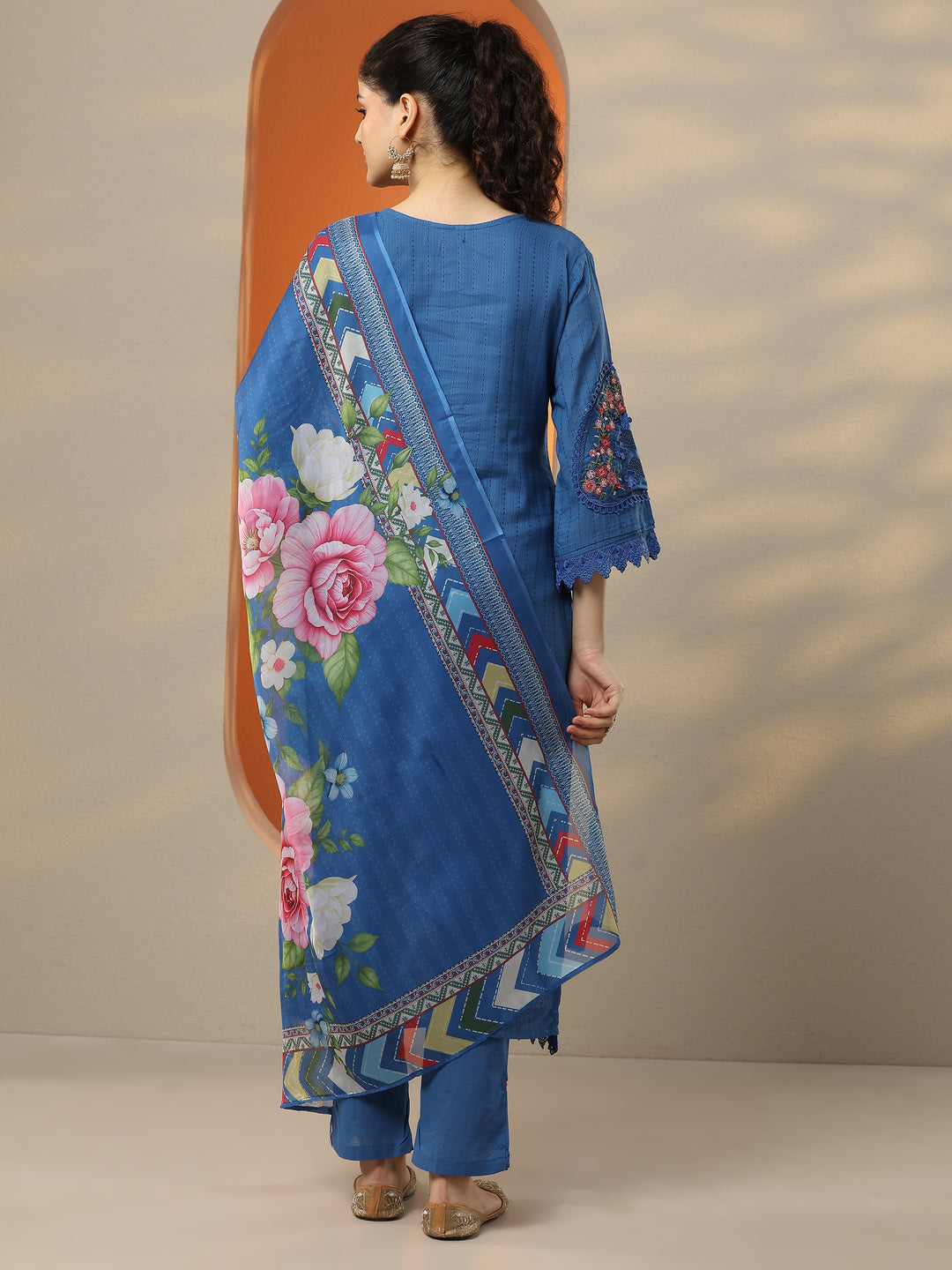  Blue Embroidered Cotton Straight Suit Set With Dupatta 