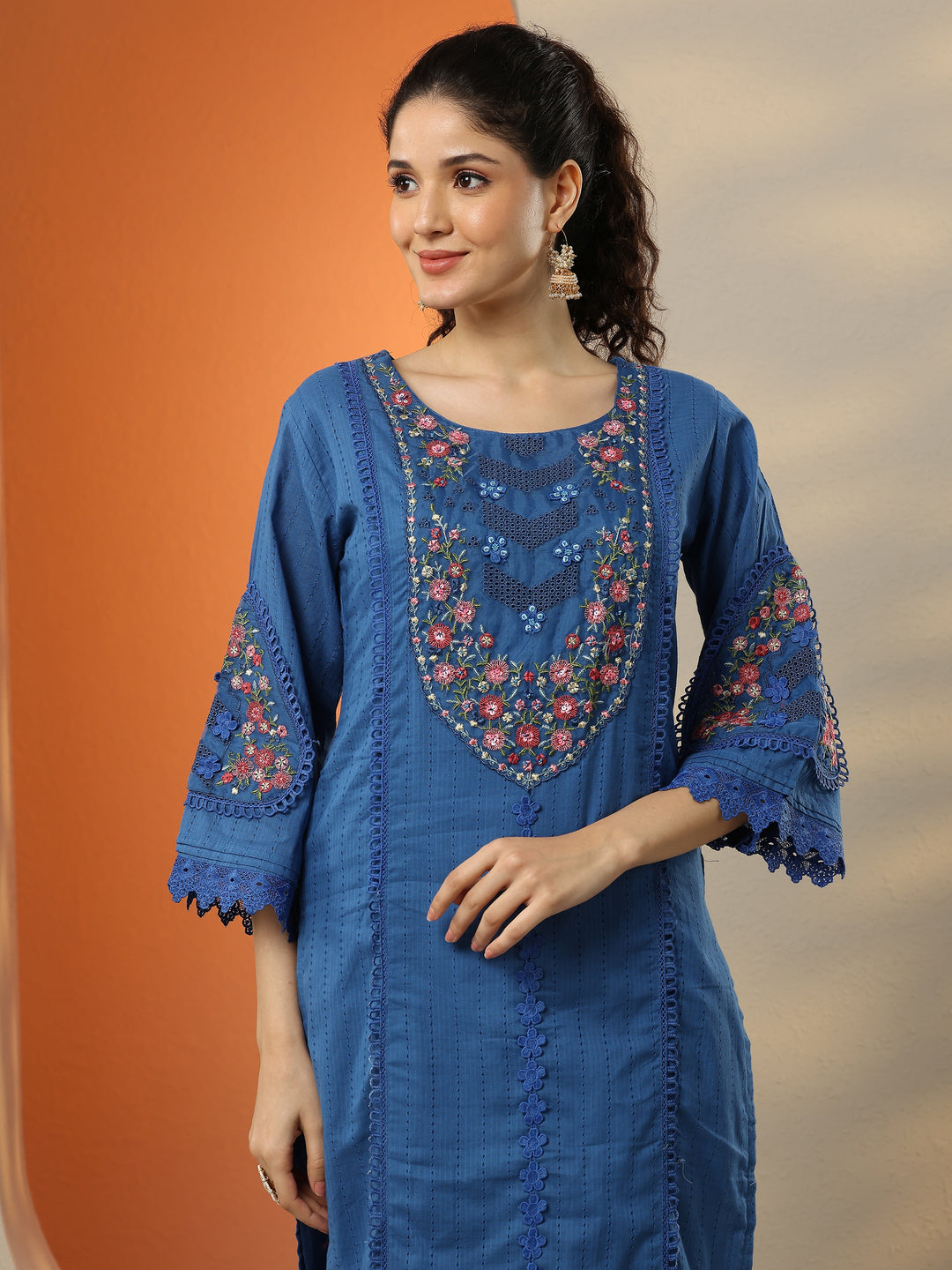  Blue Embroidered Cotton Straight Suit Set With Dupatta 