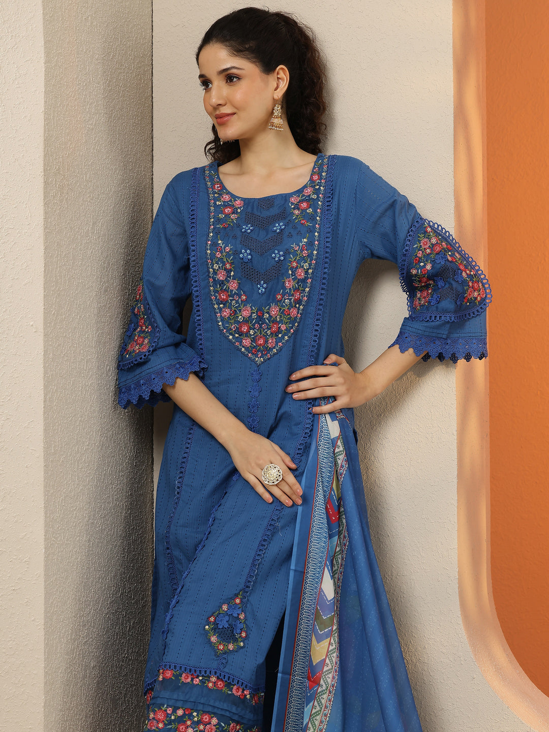 Blue Embroidered Cotton Straight Suit Set With Dupatta 