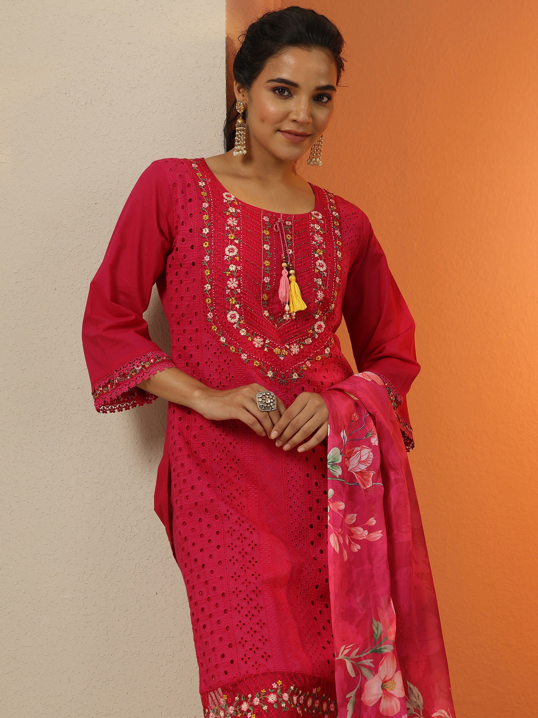  Magenta Embroidered Cotton Straight Suit Set With Dupatta 