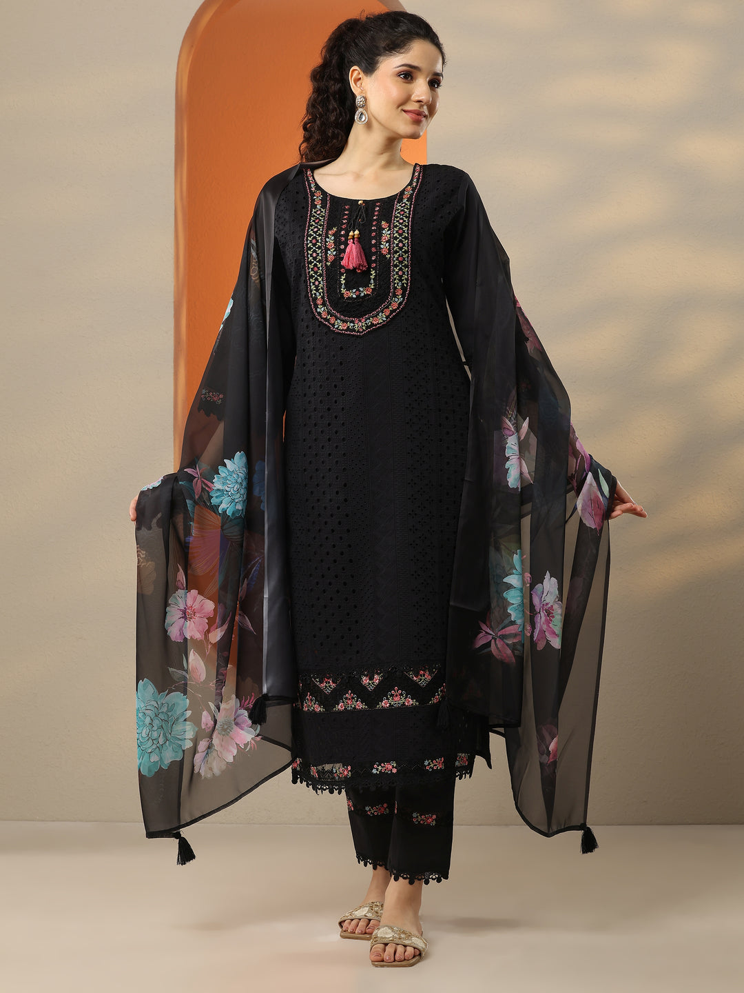 Black Embroidered Cotton Straight Suit Set With Dupatta 