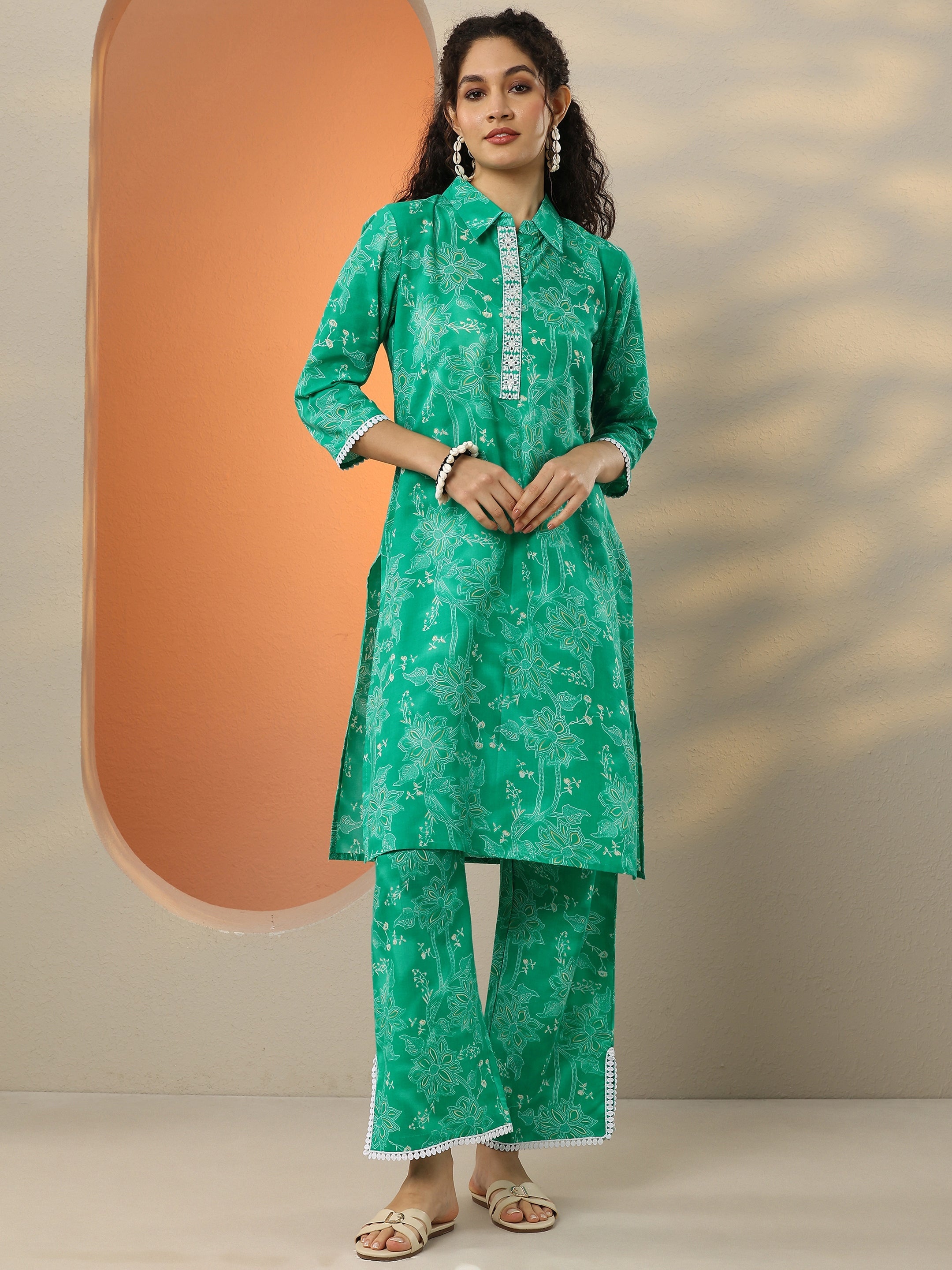 libas Green Printed Cotton Blend Co-Ord Sets-picture-37