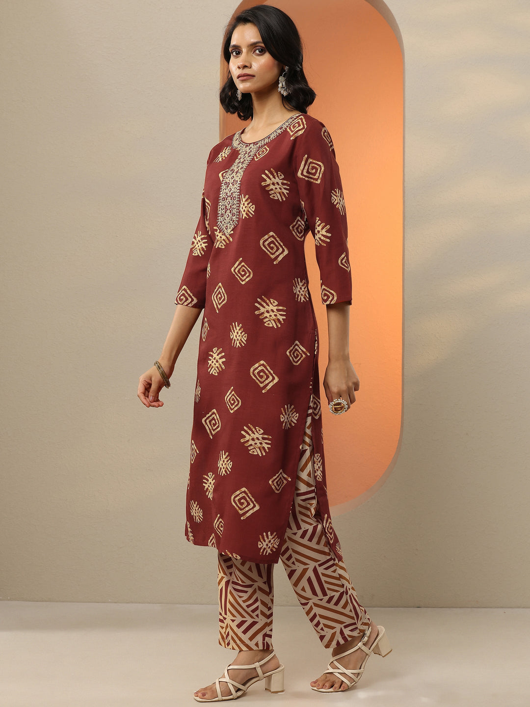  Maroon Printed Cotton Blend  Straight Suit Set With Dupatta 