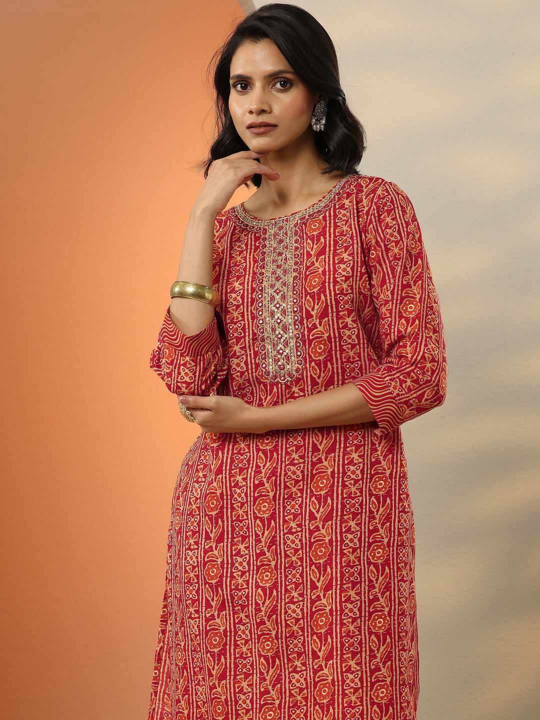  Red Printed Cotton Blend  Straight Suit Set With Dupatta 