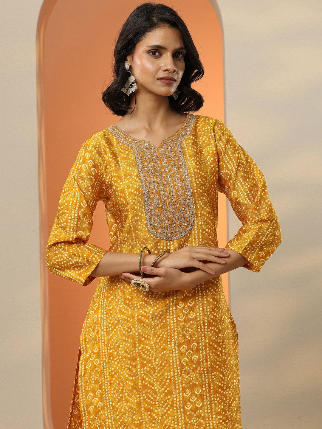  Mustard Bandhani Printed Silk blend Straight Suit Set With Dupatta 