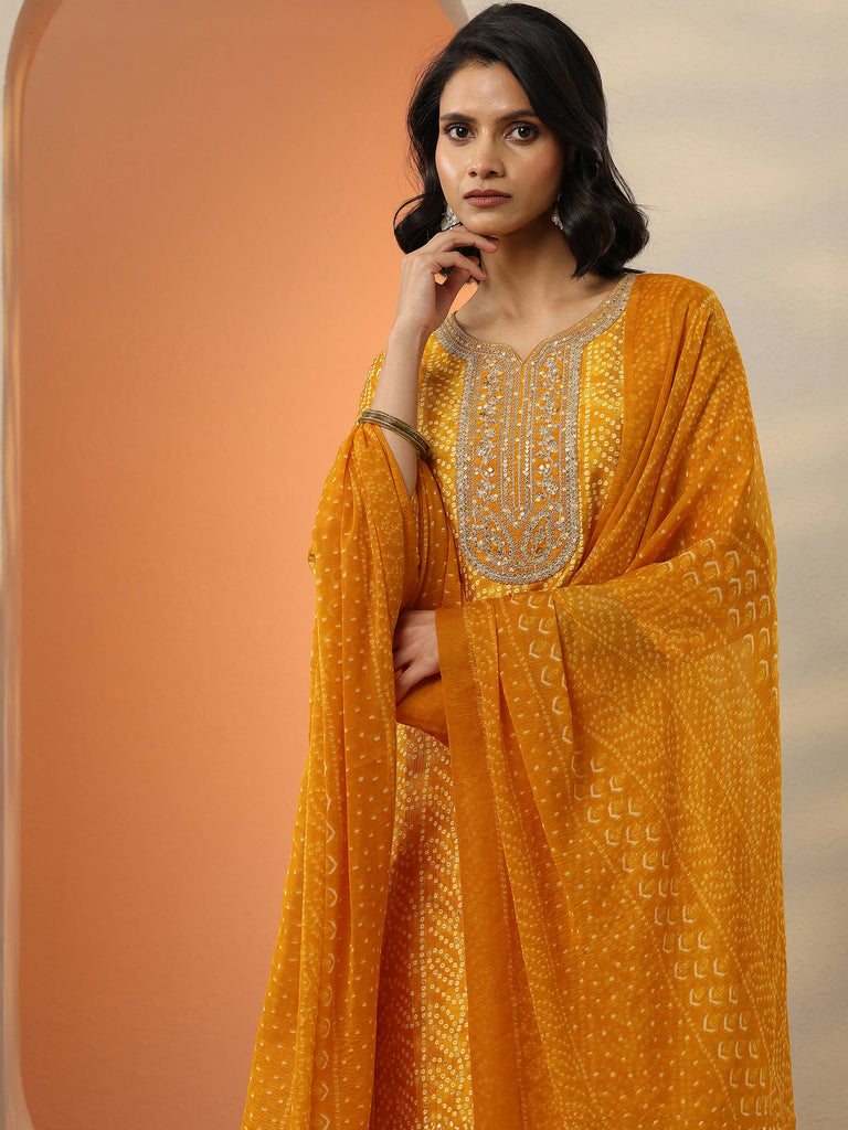 Libas Mustard Bandhani Printed Silk blend Straight Suit Set With Dupatta