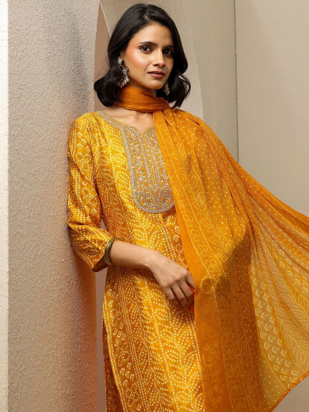  Mustard Bandhani Printed Silk blend Straight Suit Set With Dupatta 