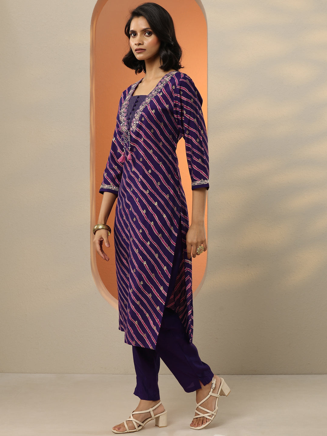  Purple Printed Silk Blend  Straight Suit Set With Dupatta 