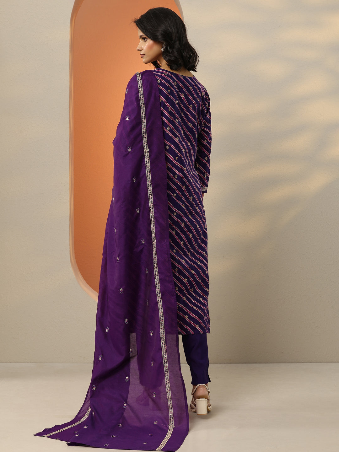  Purple Printed Silk Blend  Straight Suit Set With Dupatta 