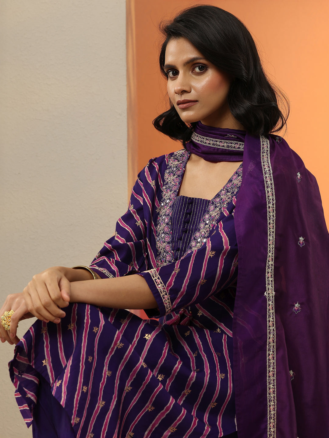  Purple Printed Silk Blend  Straight Suit Set With Dupatta 