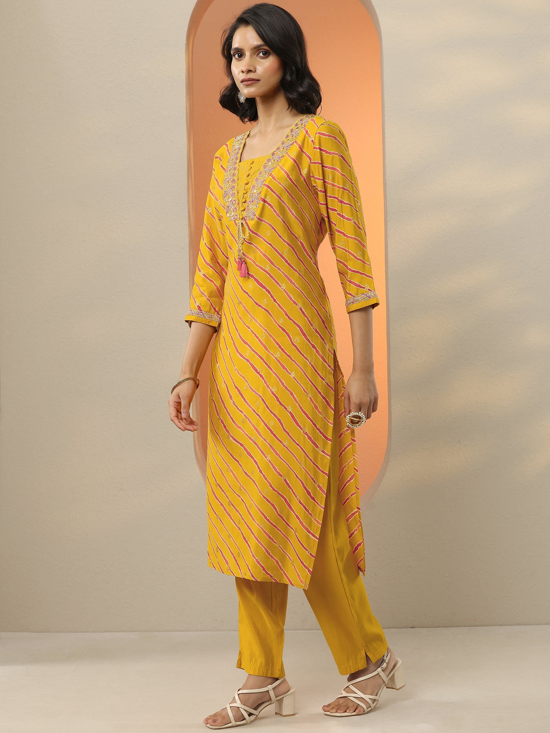  Mustard Printed Silk Blend  Straight Suit Set With Dupatta 