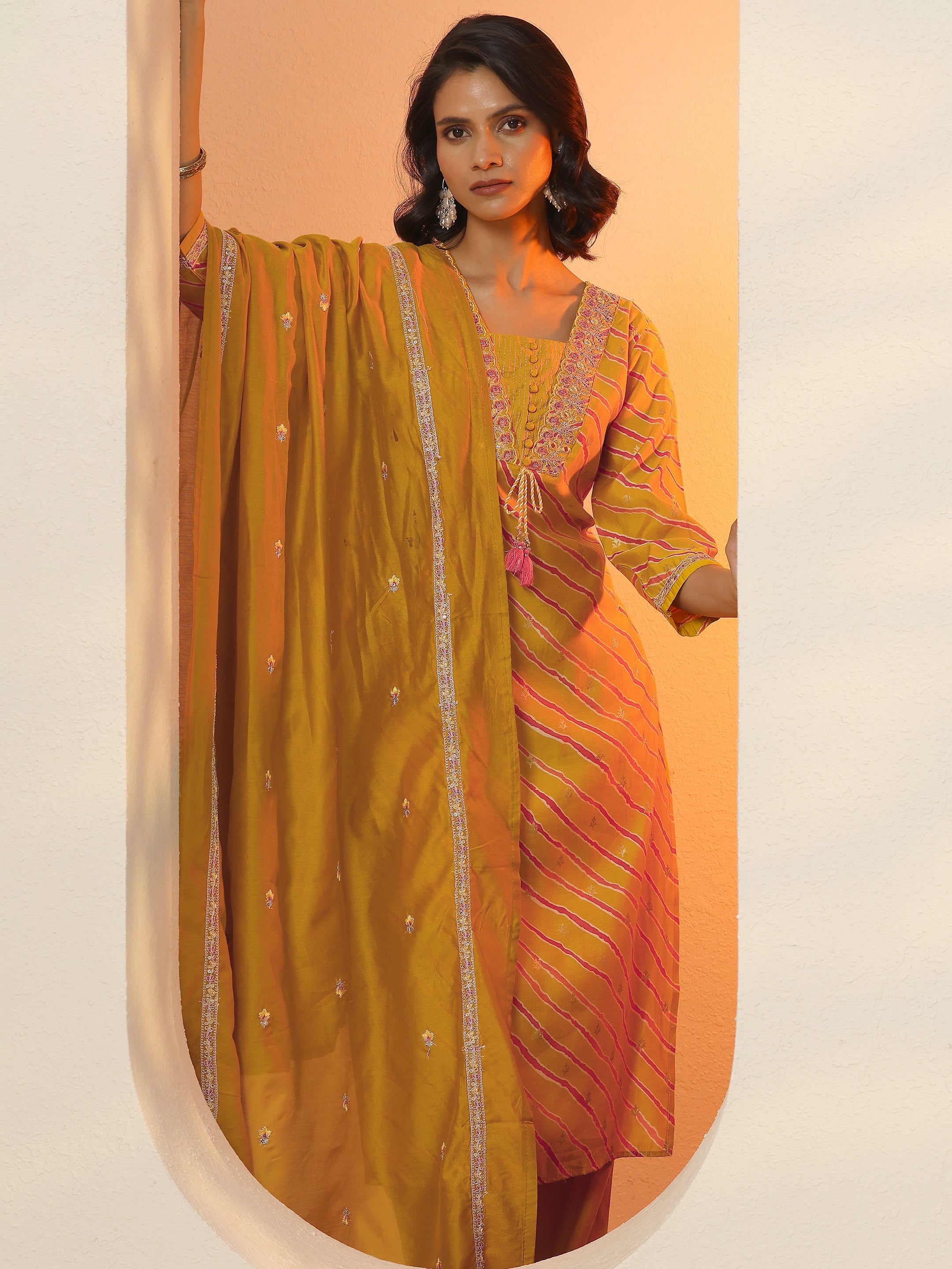 libas Mustard Printed Silk Blend Straight Suit Set With Dupatta-picture-36