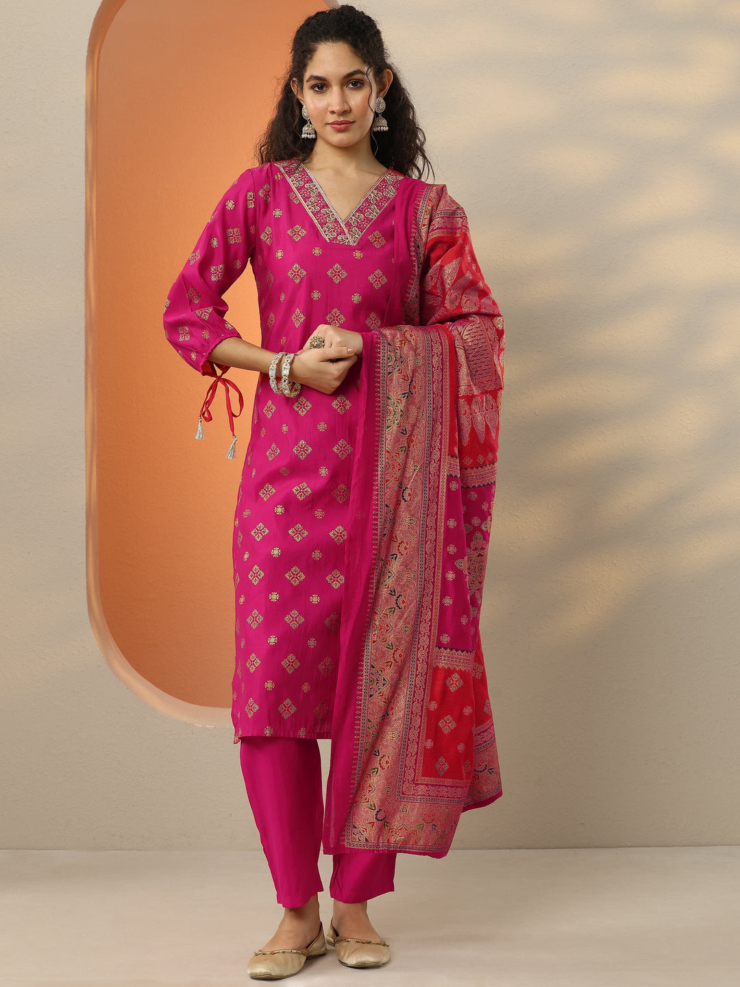  Pink Printed Silk Blend  Straight Suit Set With Dupatta 