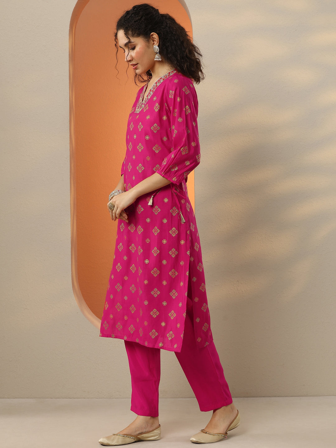  Pink Printed Silk Blend  Straight Suit Set With Dupatta 