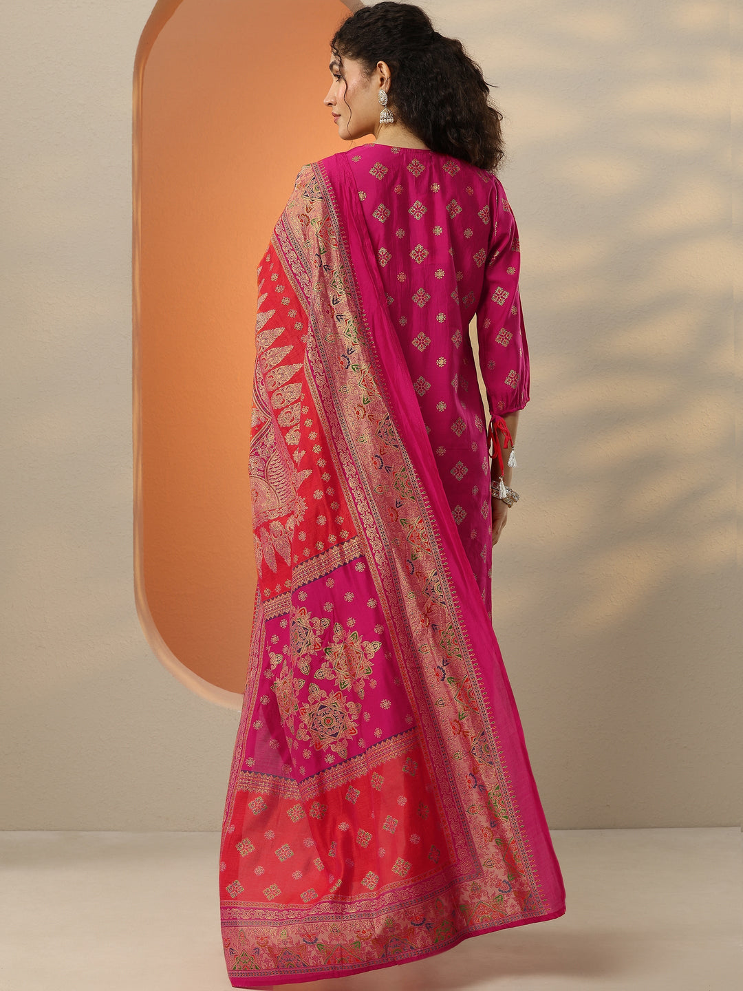  Pink Printed Silk Blend  Straight Suit Set With Dupatta 
