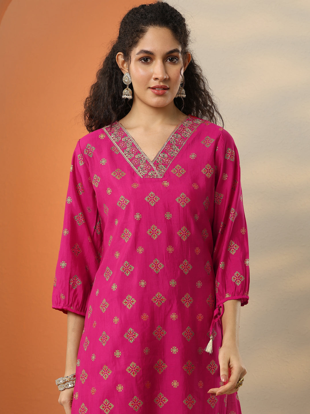  Pink Printed Silk Blend  Straight Suit Set With Dupatta 