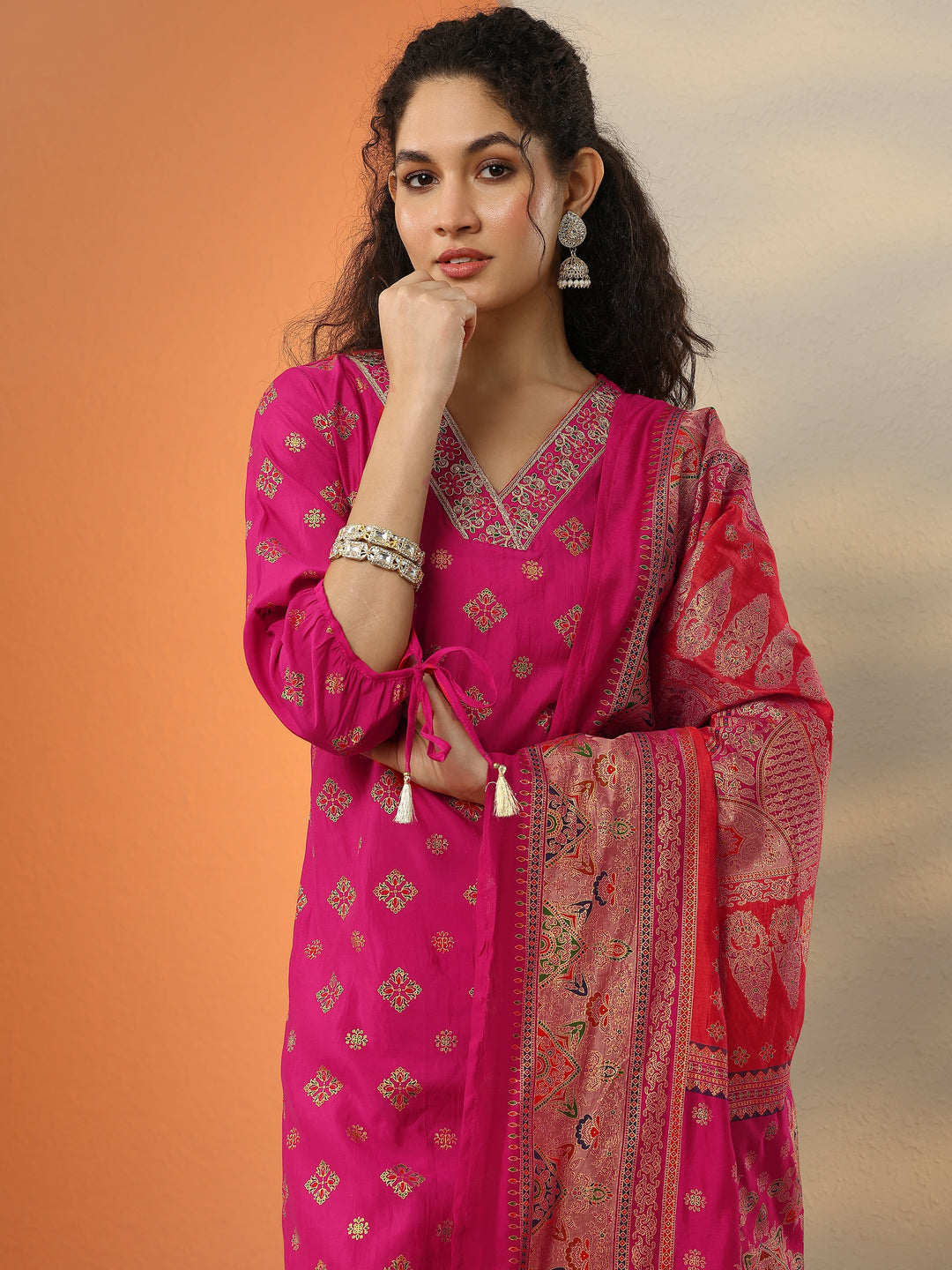  Pink Printed Silk Blend  Straight Suit Set With Dupatta 