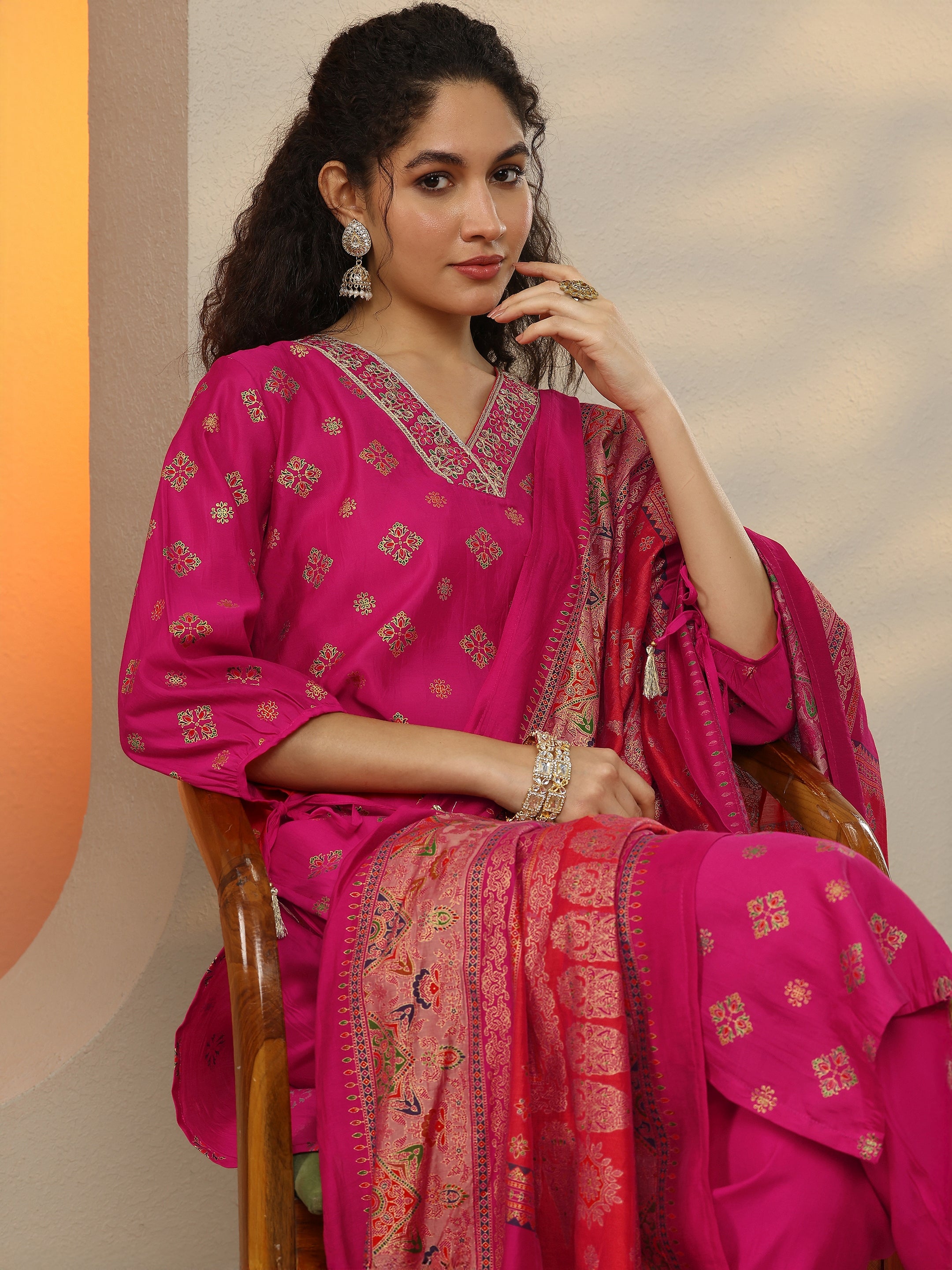 Pink Printed Silk Blend Straight Suit Set With Dupatta-image-26