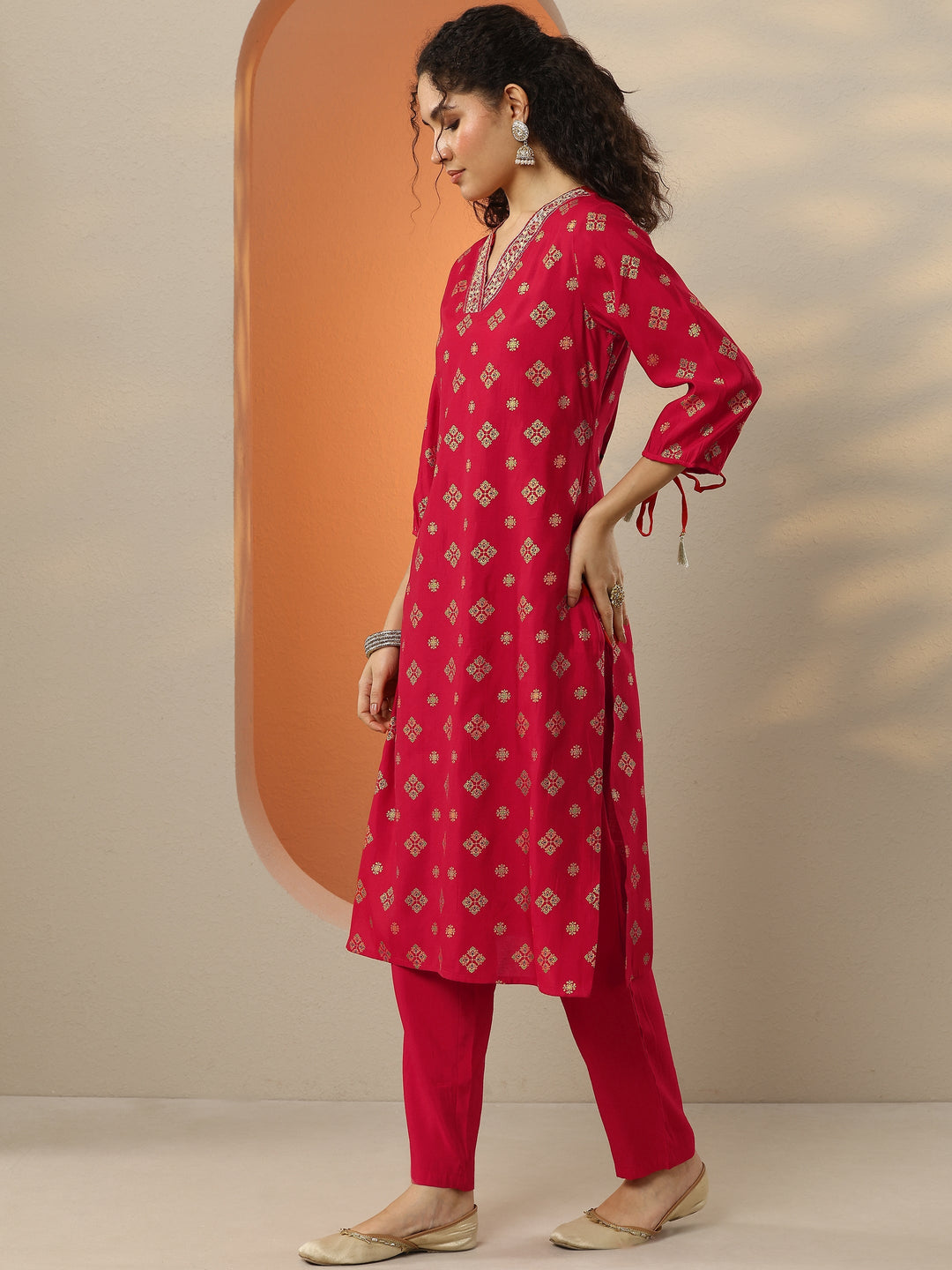  Red Printed Silk Blend  Straight Suit Set With Dupatta 