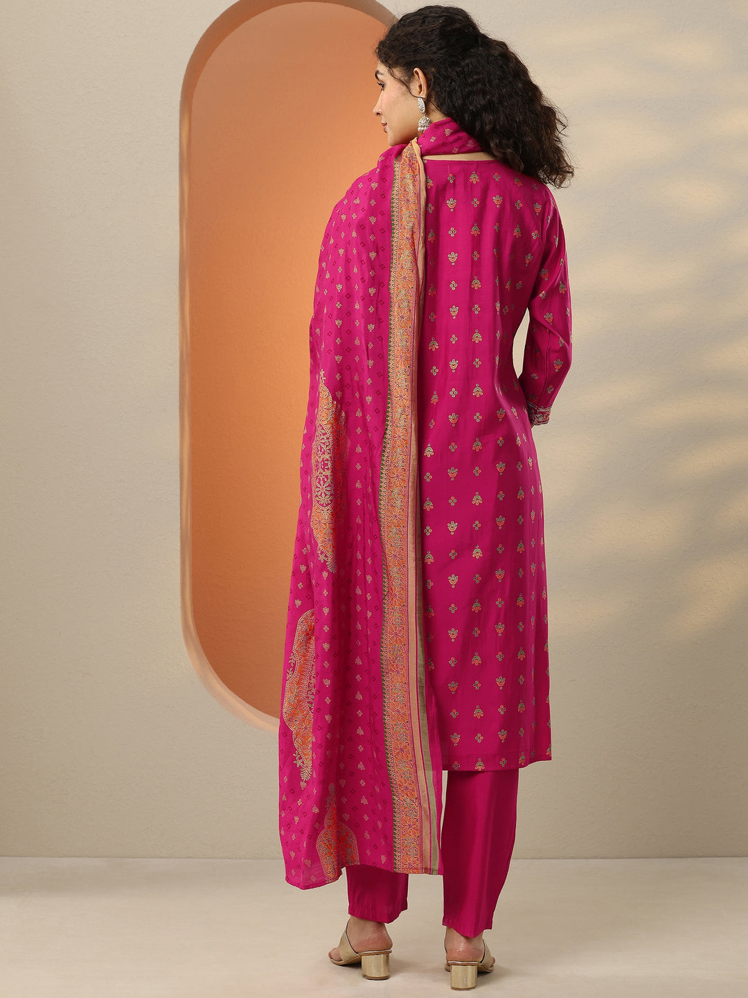  Pink Printed Silk Blend  Straight Suit Set With Dupatta 
