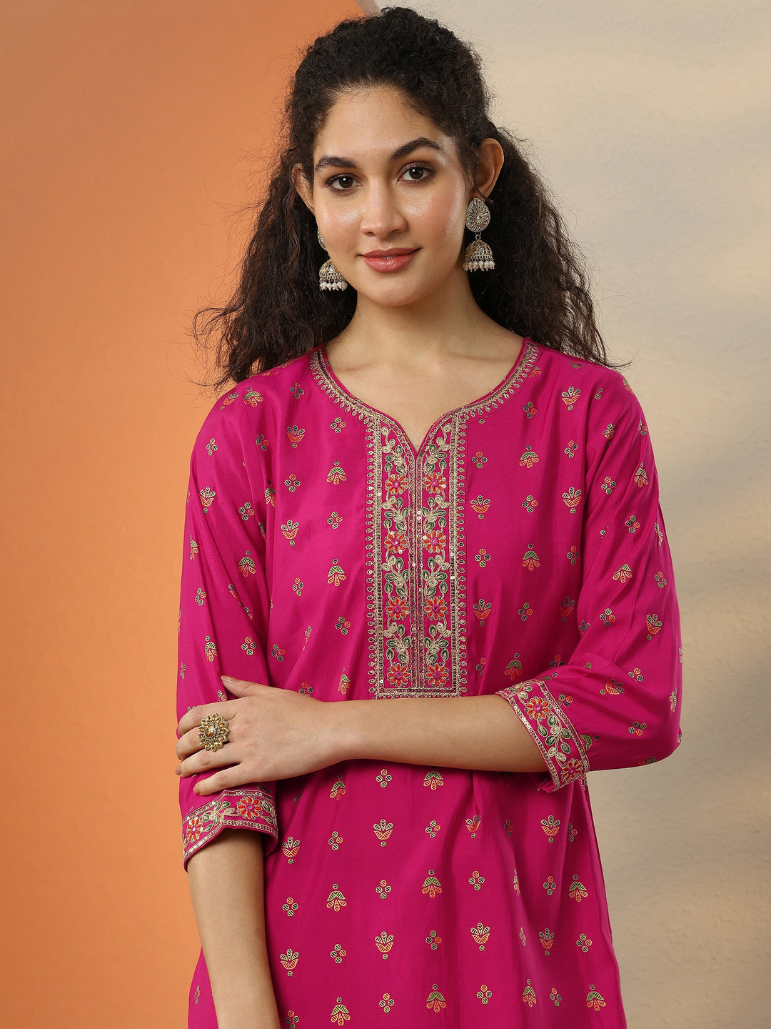  Pink Printed Silk Blend  Straight Suit Set With Dupatta 