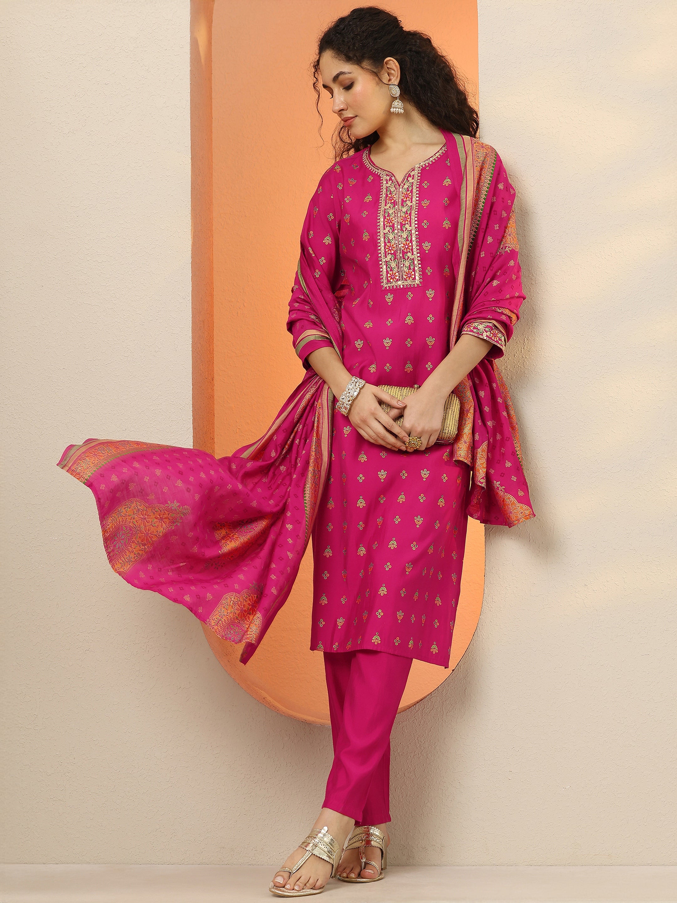 libas Pink Printed Silk Blend Straight Suit Set With Dupatta-picture-52