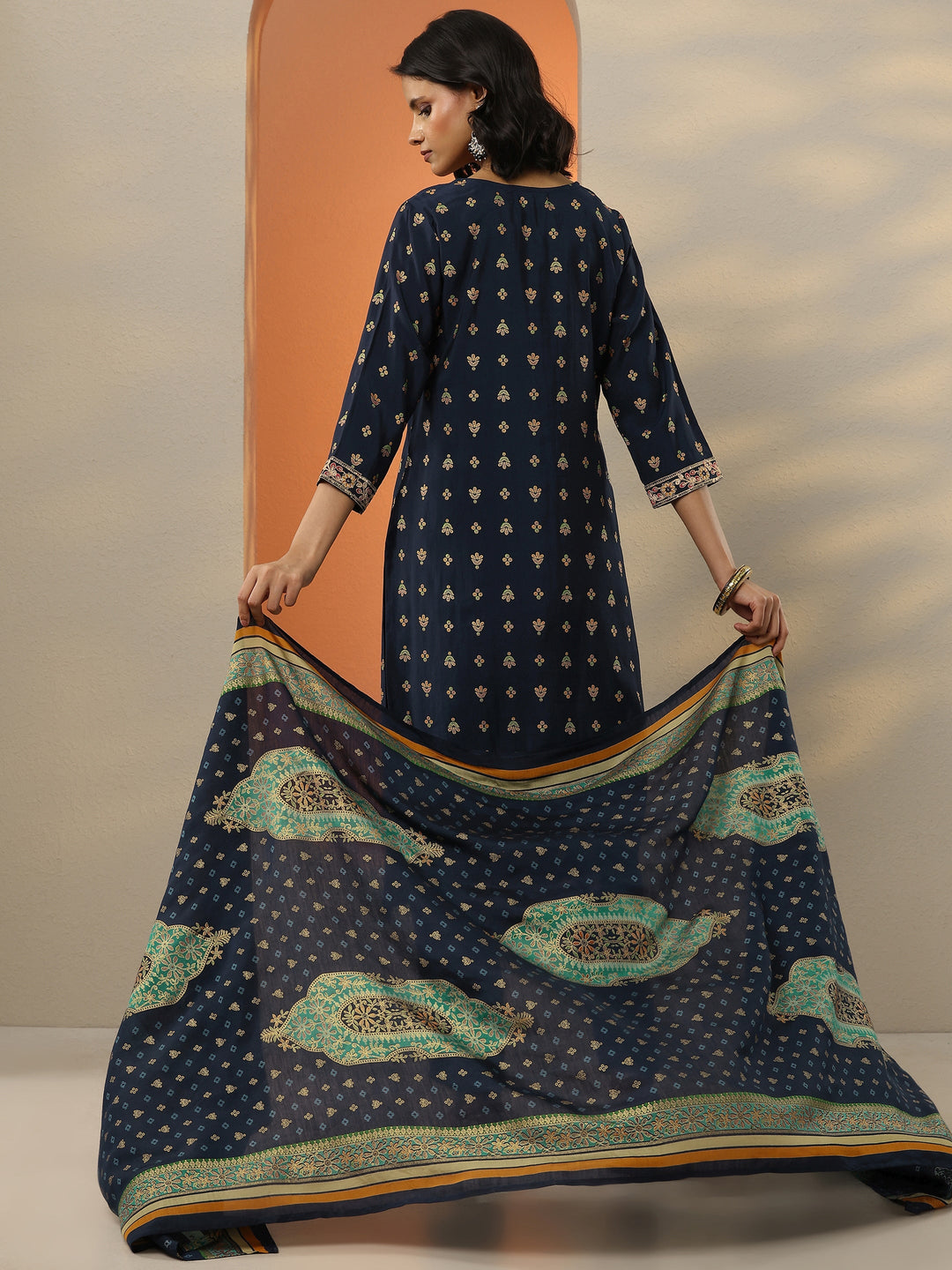  Blue Printed Silk Blend  Straight Suit Set With Dupatta 