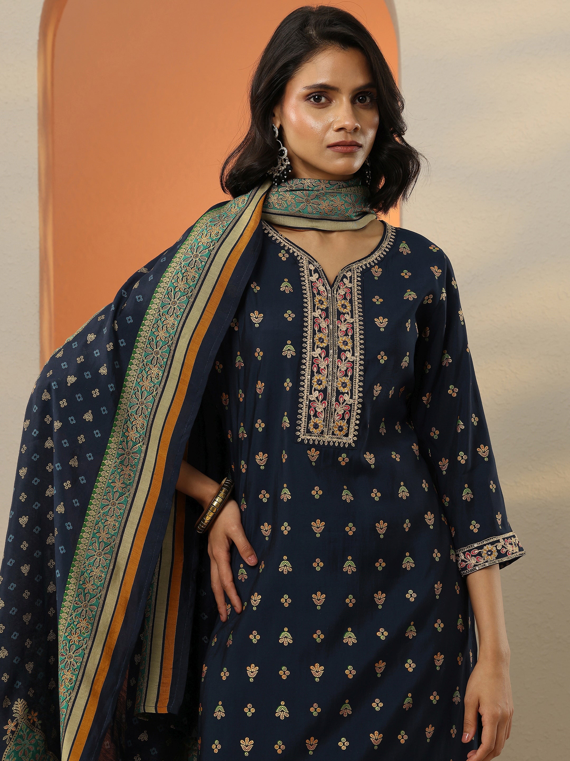 libas Blue Printed Silk Blend Straight Suit Set With Dupatta-picture-23