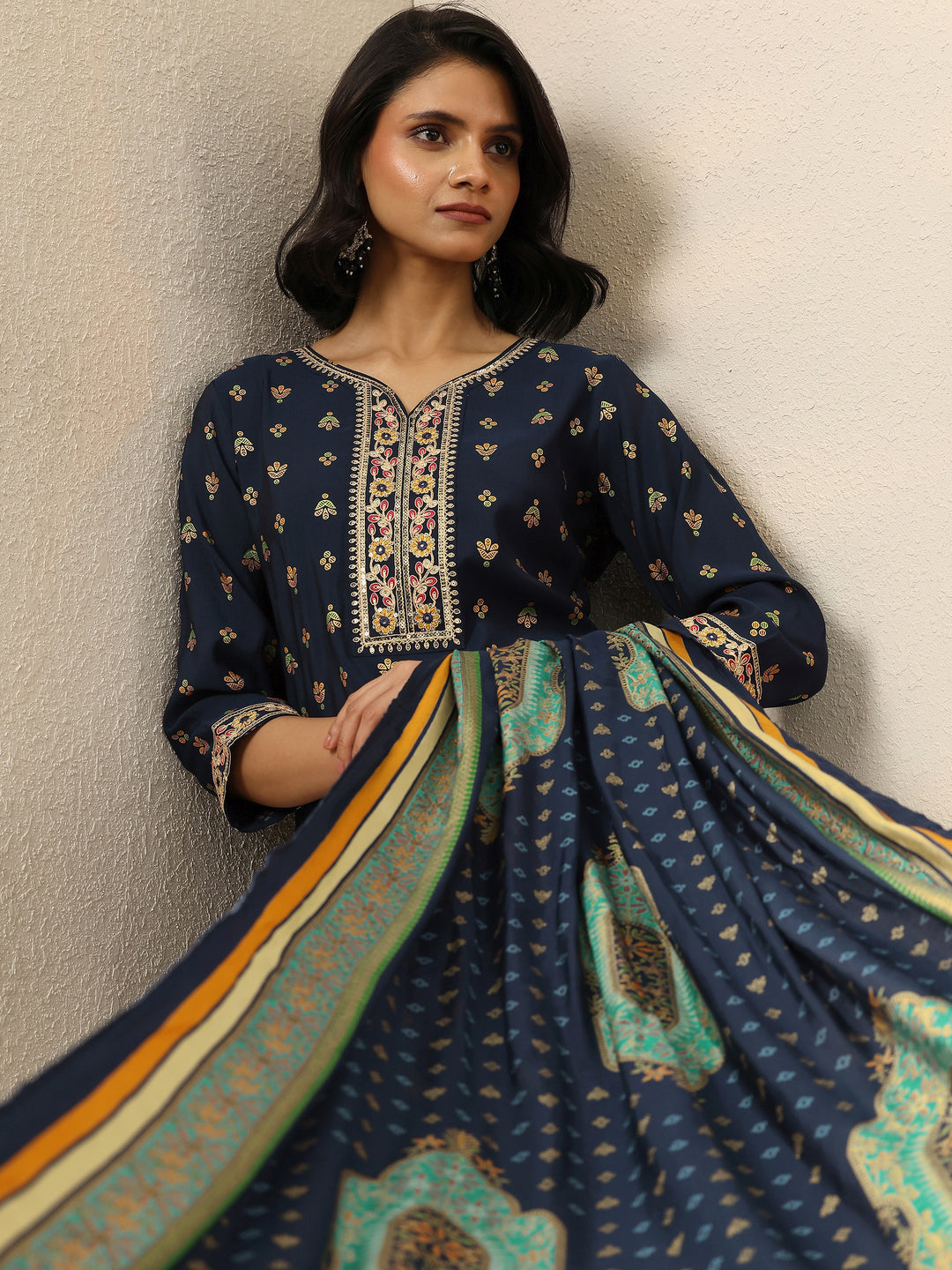 Blue Printed Silk Blend  Straight Suit Set With Dupatta 
