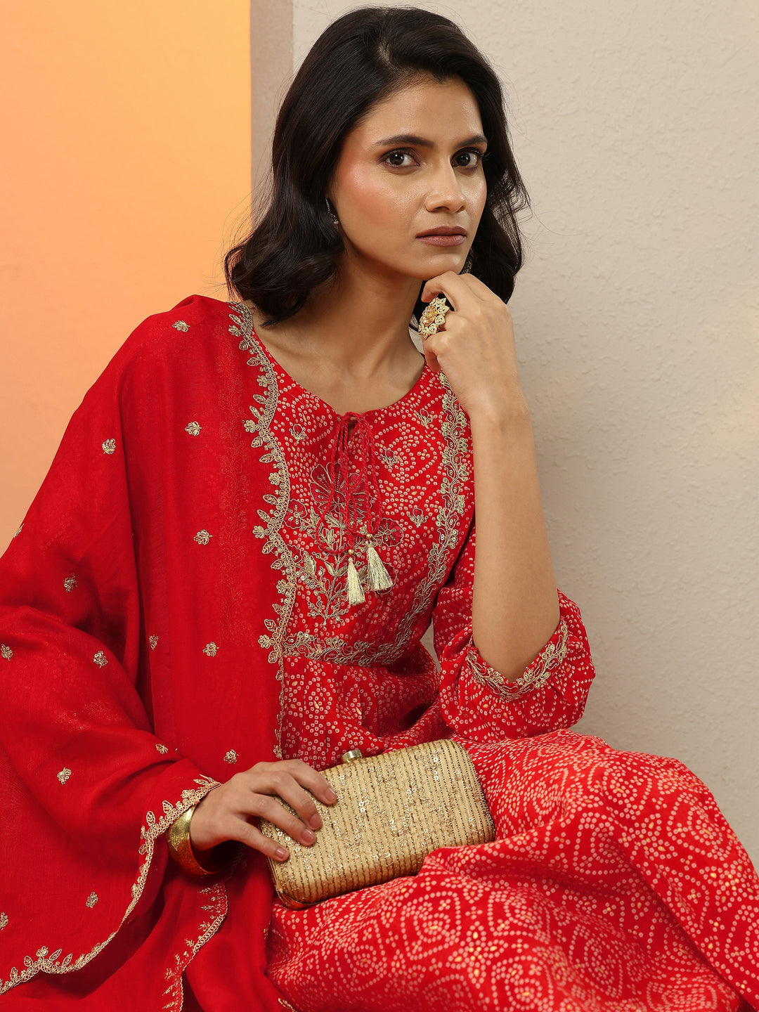  Red Printed Silk Blend  A-Line Suit Set With Dupatta 