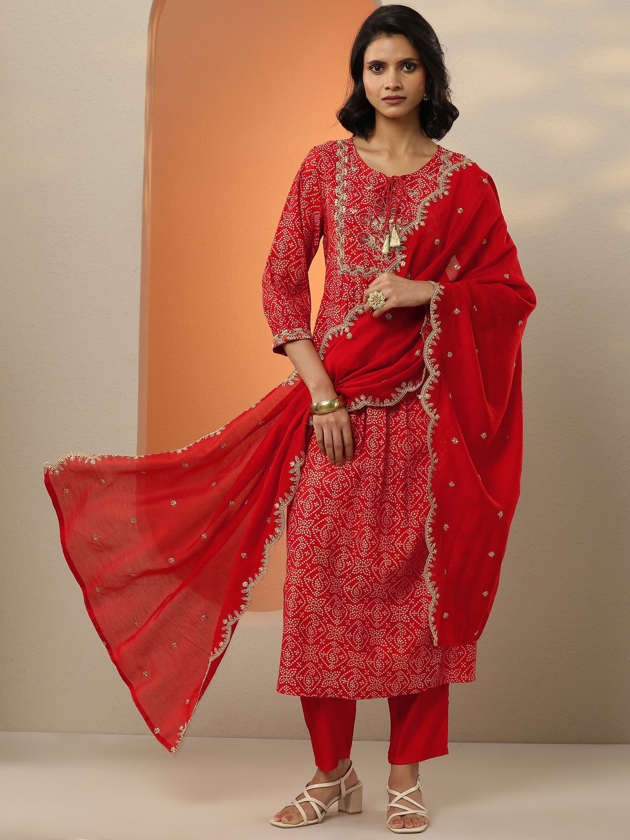 libas Red Printed Silk Blend A-Line Suit Set With Dupatta-picture-31