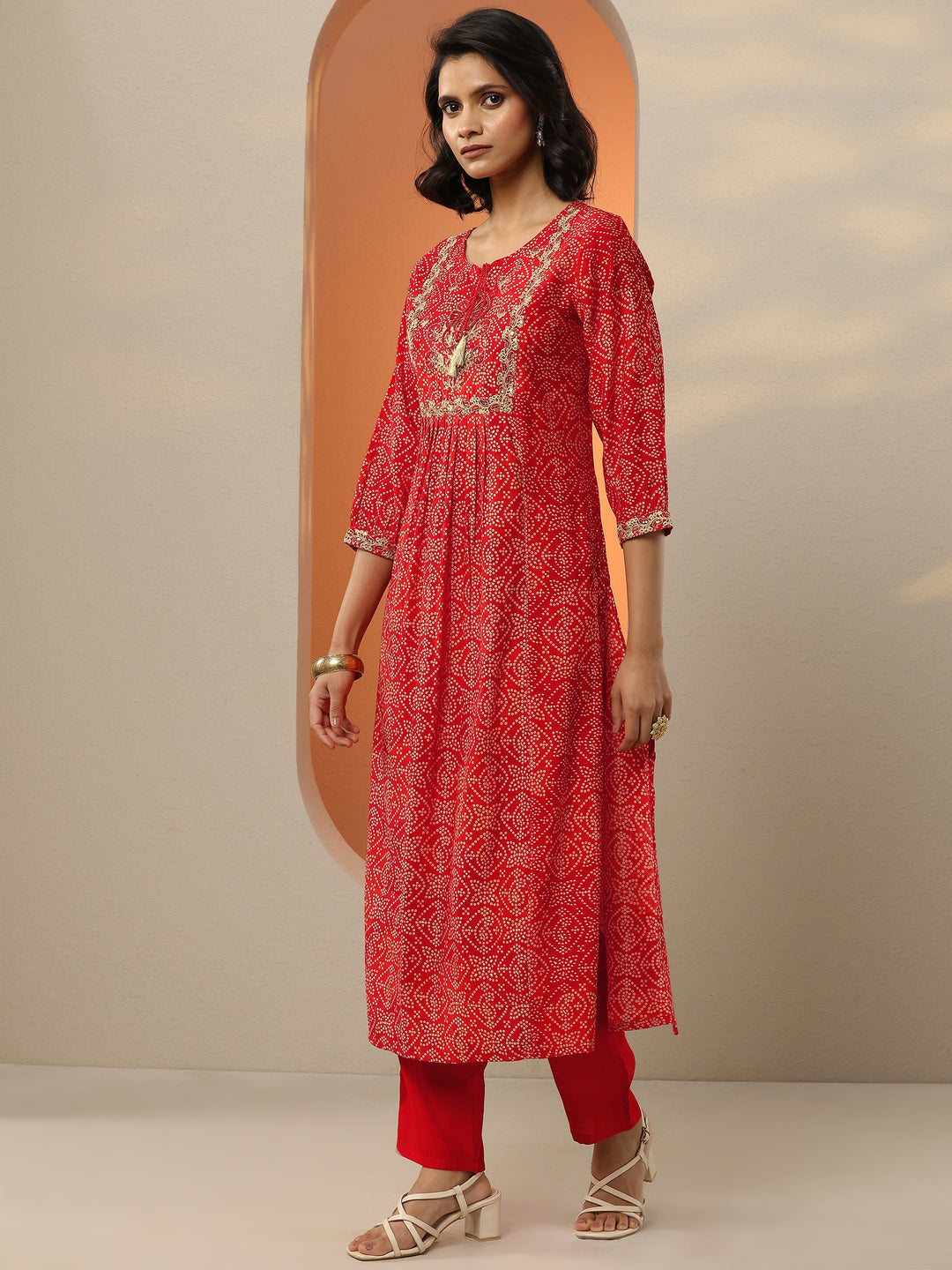  Red Printed Silk Blend  A-Line Suit Set With Dupatta 