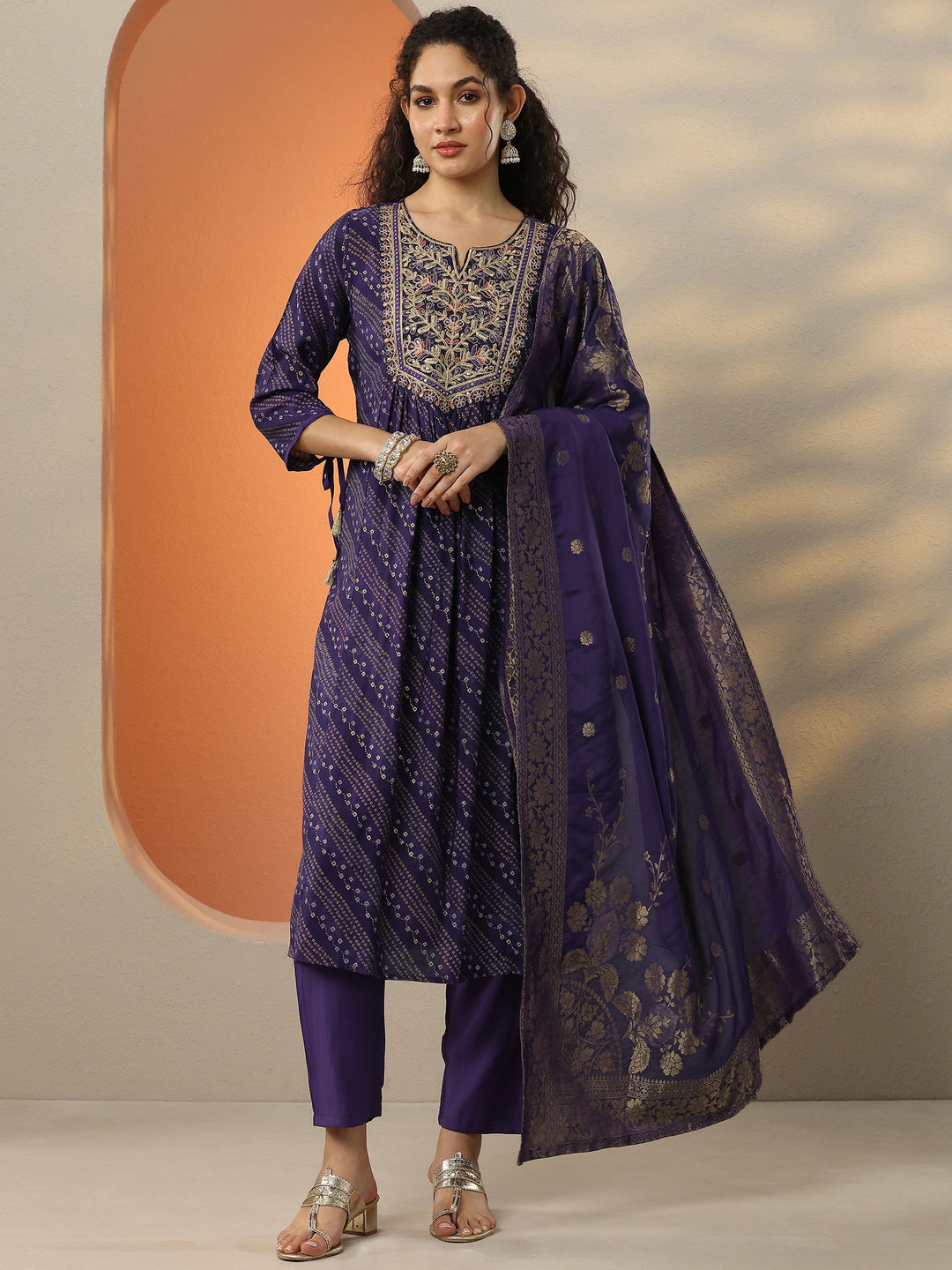 Purple Printed Silk Blend  A-Line Suit Set With Dupatta 