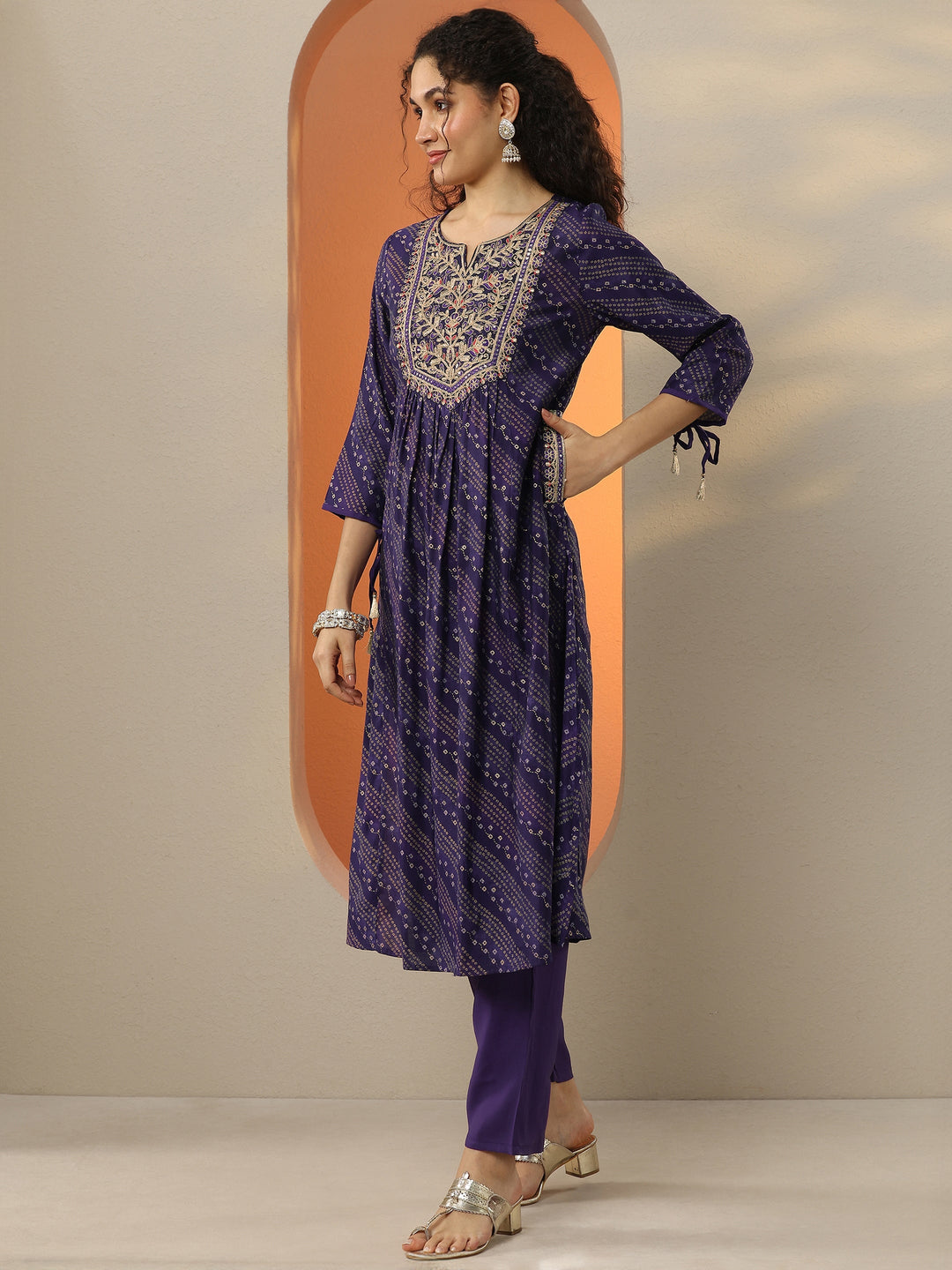  Purple Printed Silk Blend  A-Line Suit Set With Dupatta 