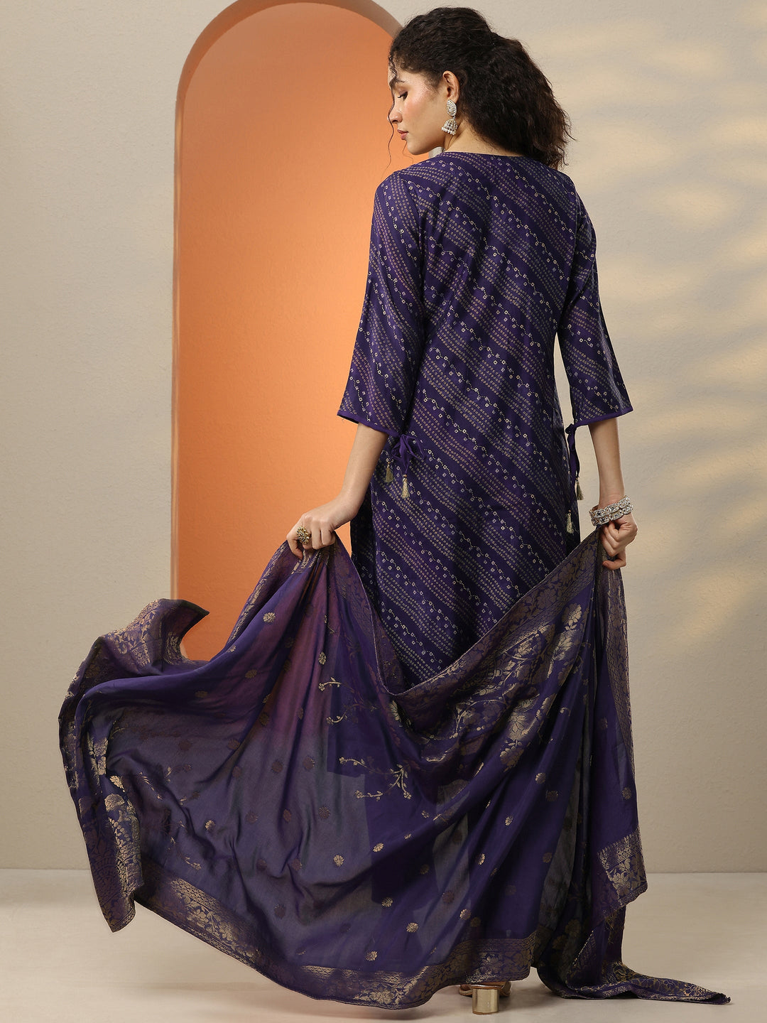  Purple Printed Silk Blend  A-Line Suit Set With Dupatta 