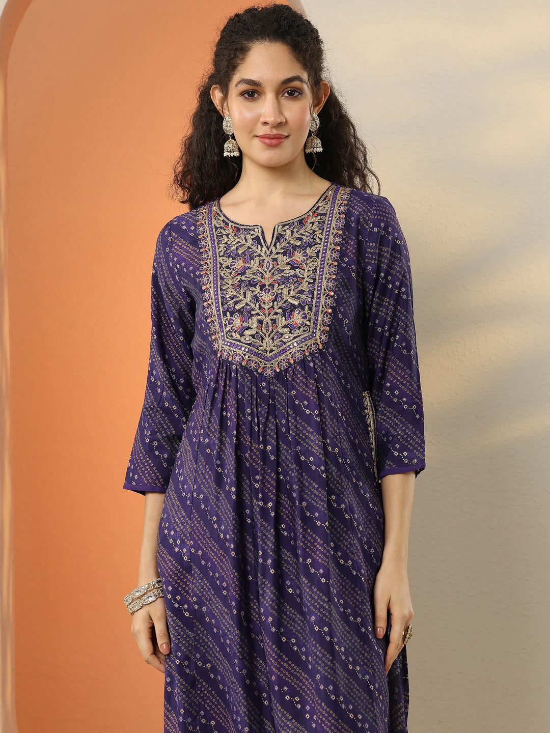  Purple Printed Silk Blend  A-Line Suit Set With Dupatta 