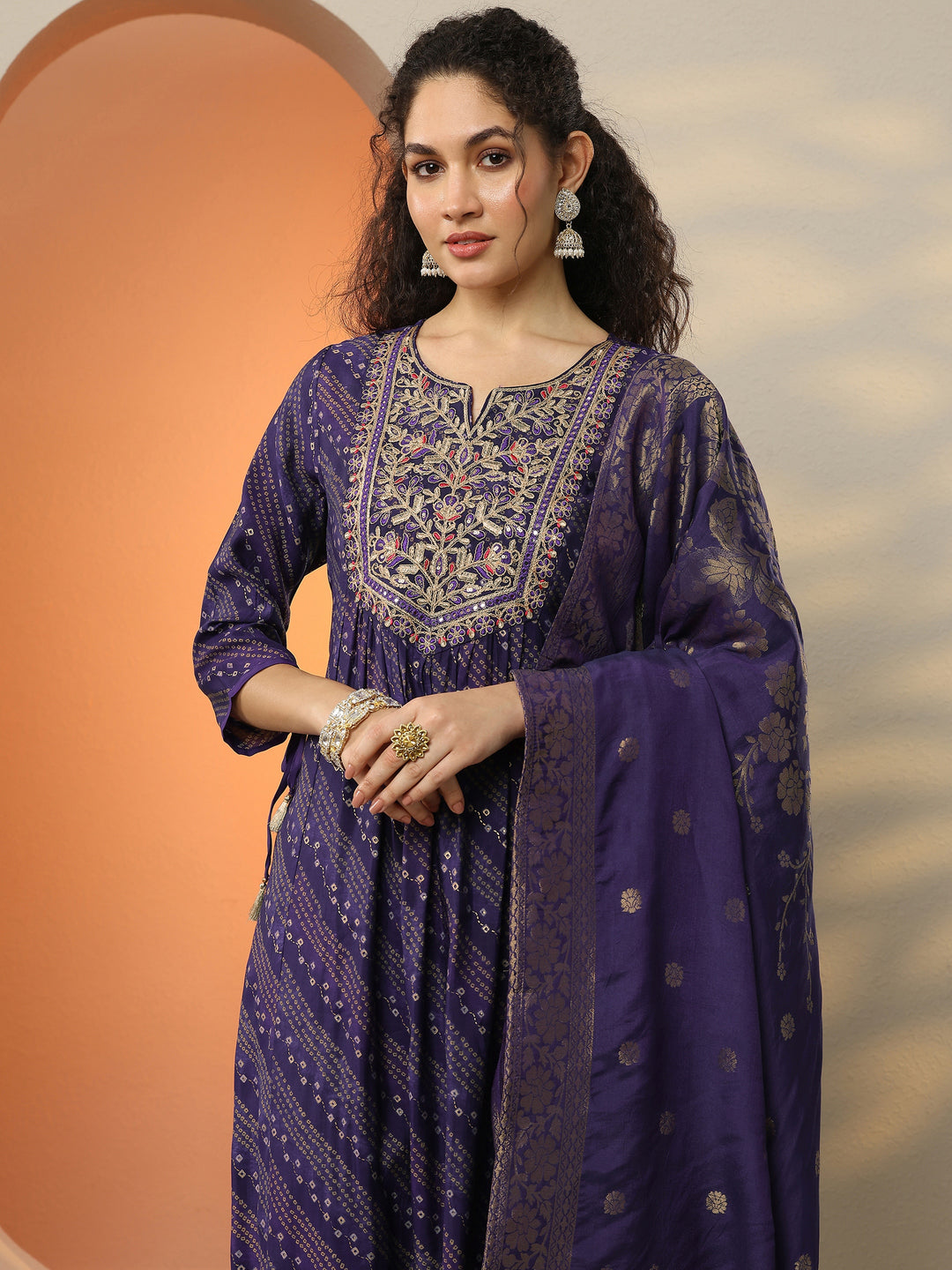  Purple Printed Silk Blend  A-Line Suit Set With Dupatta 