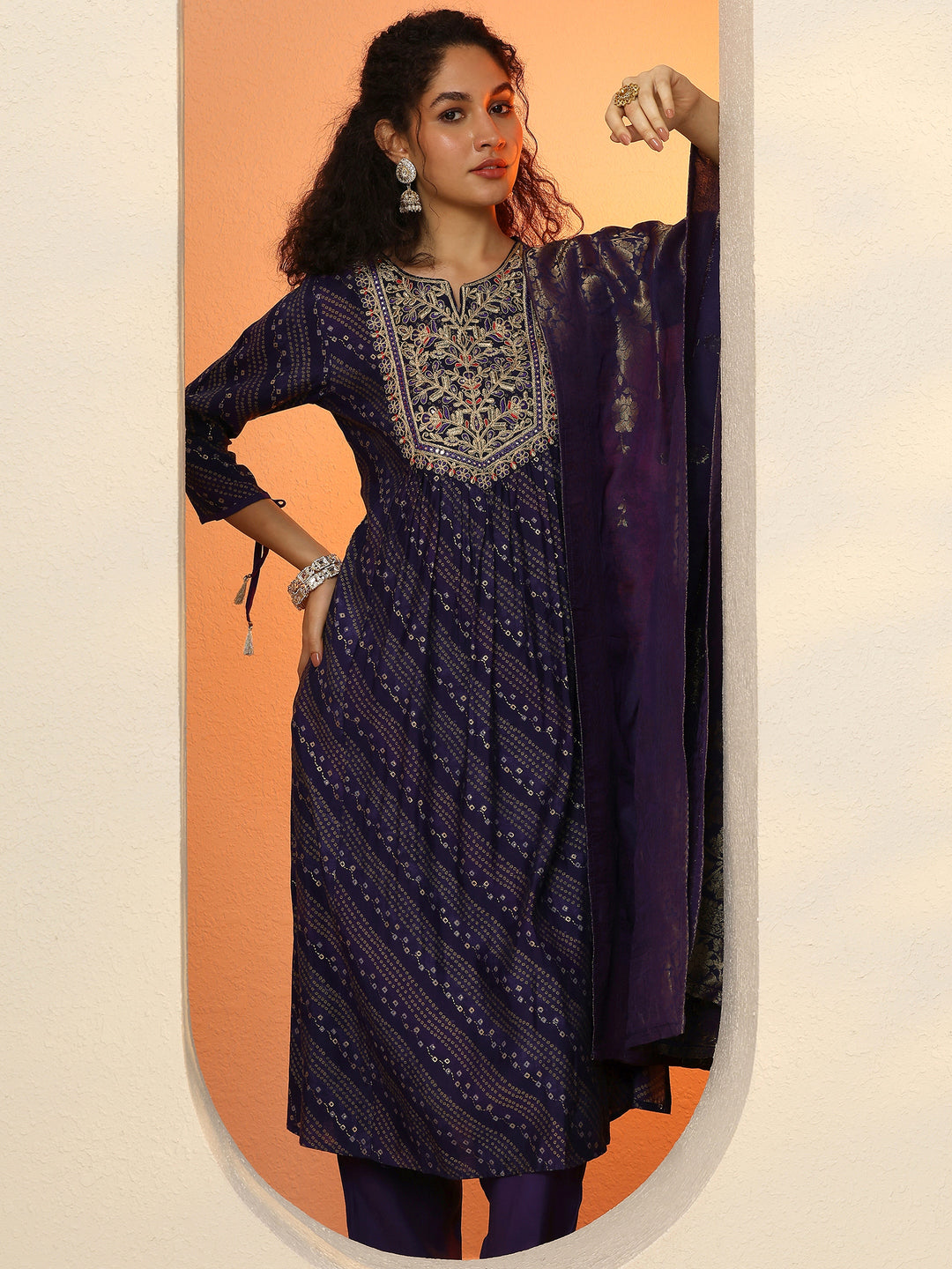  Purple Printed Silk Blend  A-Line Suit Set With Dupatta 