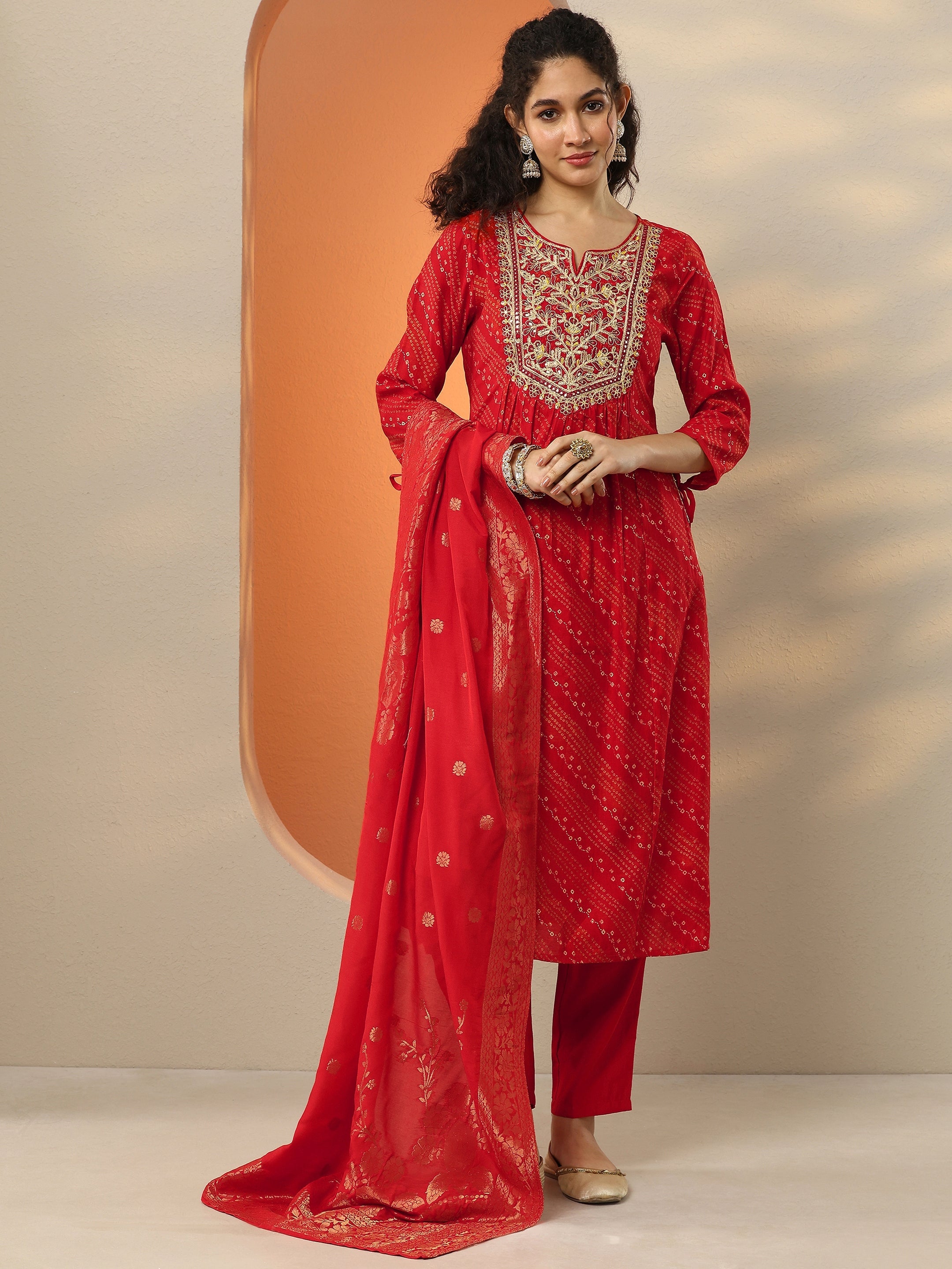 libas Red Printed Silk Blend A-Line Suit Set With Dupatta-picture-37