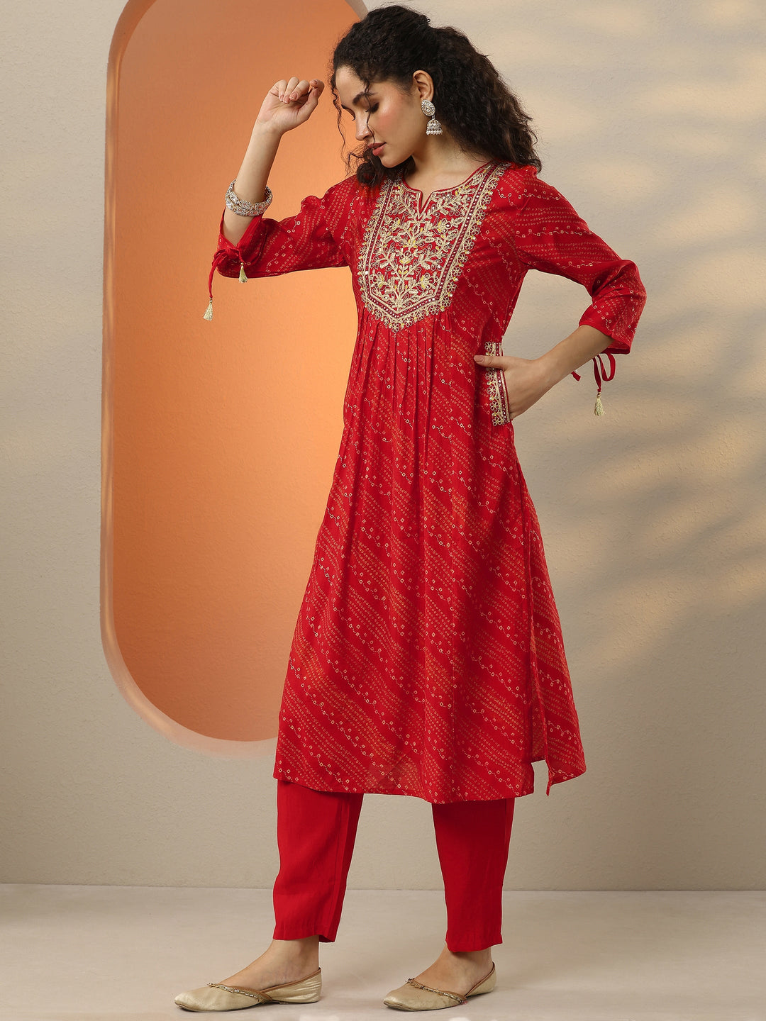  Red Printed Silk Blend  A-Line Suit Set With Dupatta 