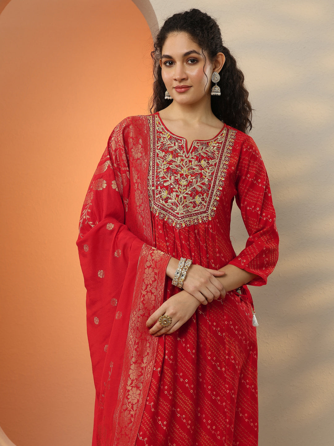  Red Printed Silk Blend  A-Line Suit Set With Dupatta 